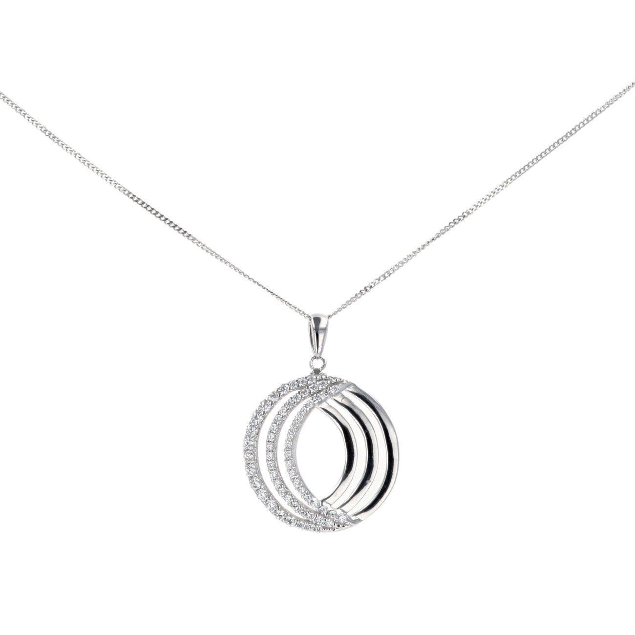 9ct White Gold Cubic Zirconia Triple Circle Pendant And 16" Chain