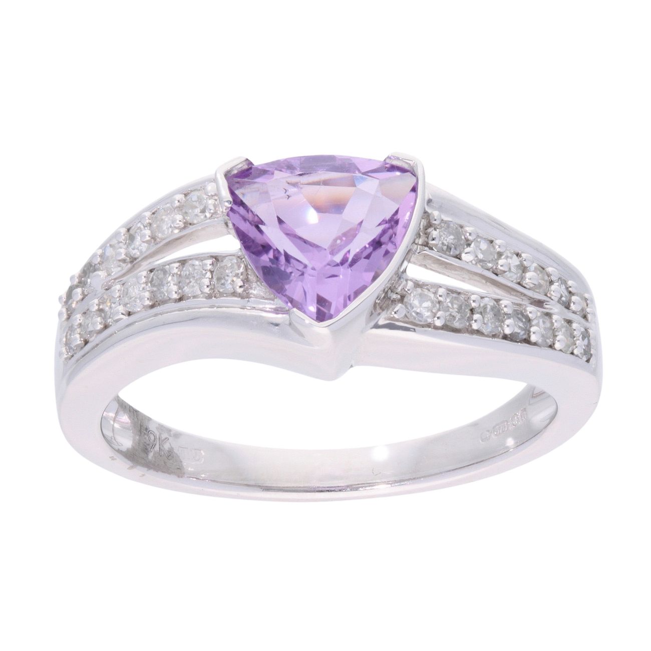 9ct White Gold Amethyst and Diamond Triangular Ring