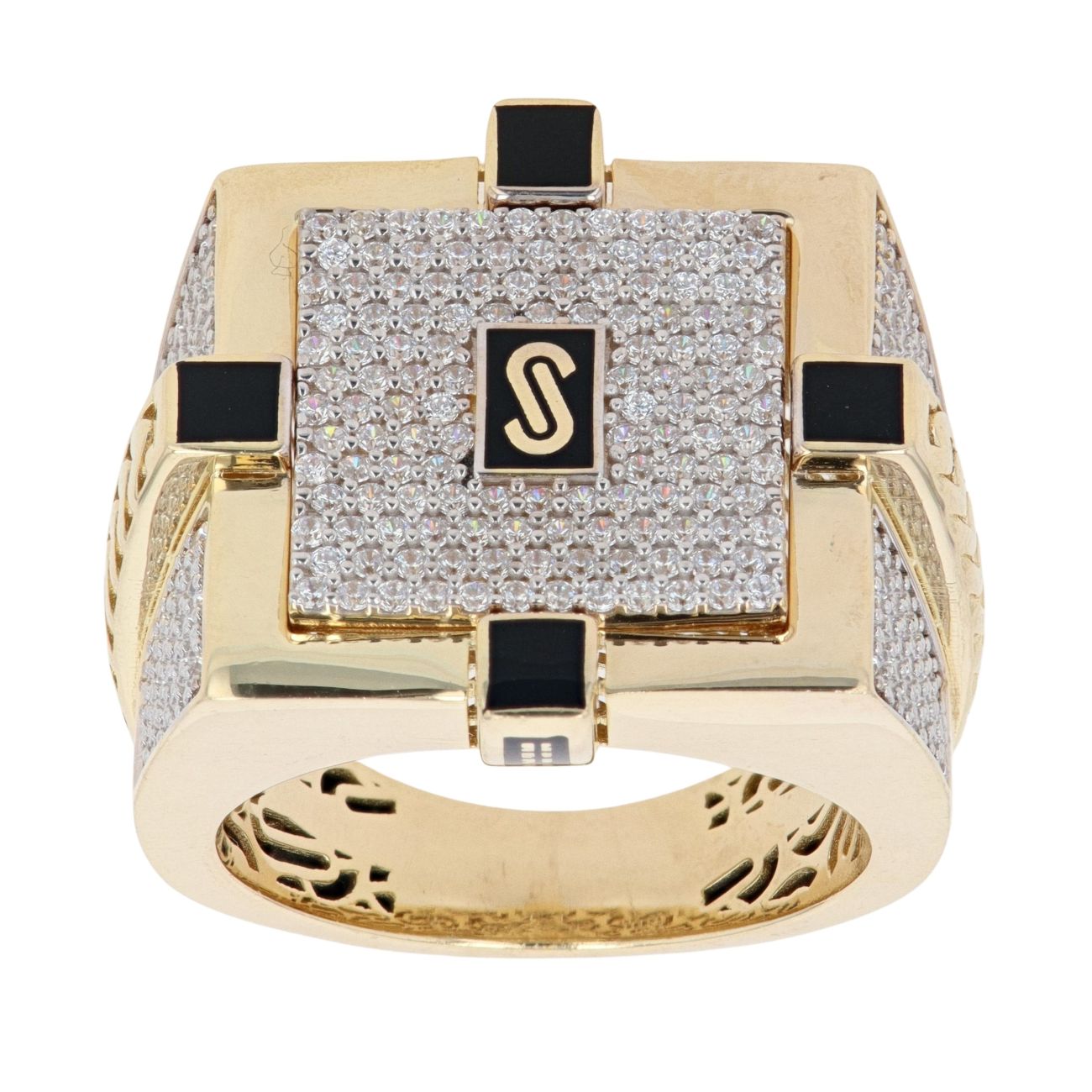 14ct Yellow Gold Monaco Cubic Zirconia and Black Enamel Signet Ring