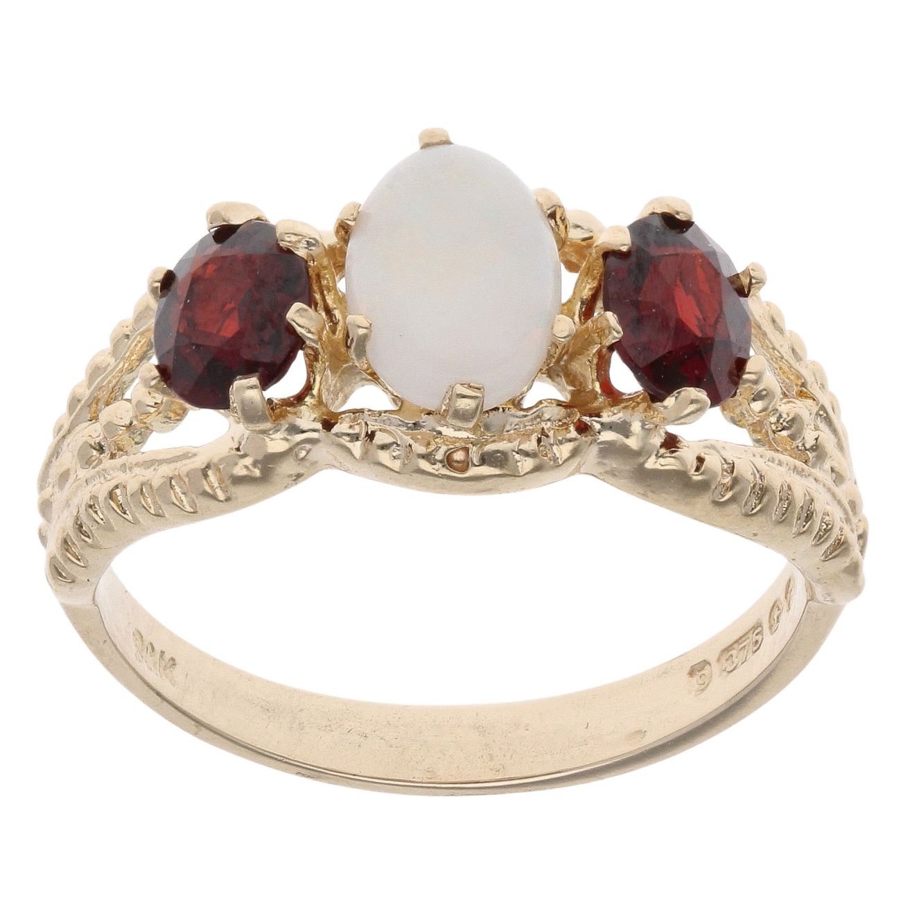 9ct Yellow Gold Opal And Garnet Three Stone Ring