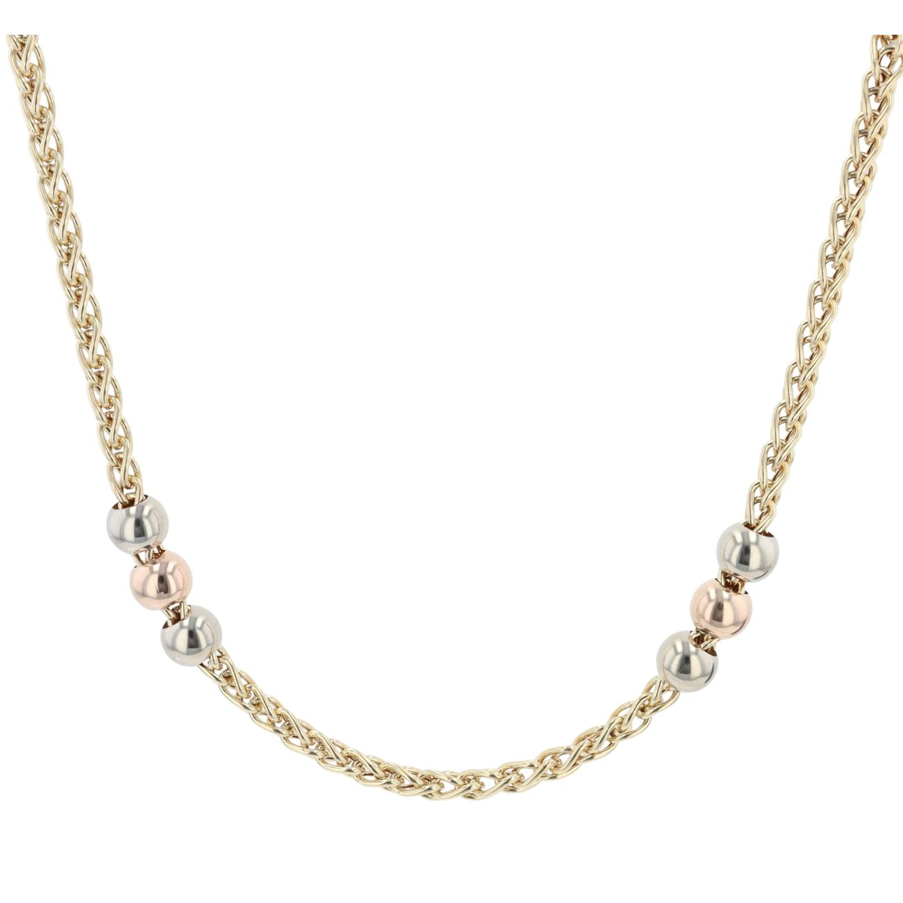18ct Yellow, White and Rose Gold Wheat and Bead Chain 24"