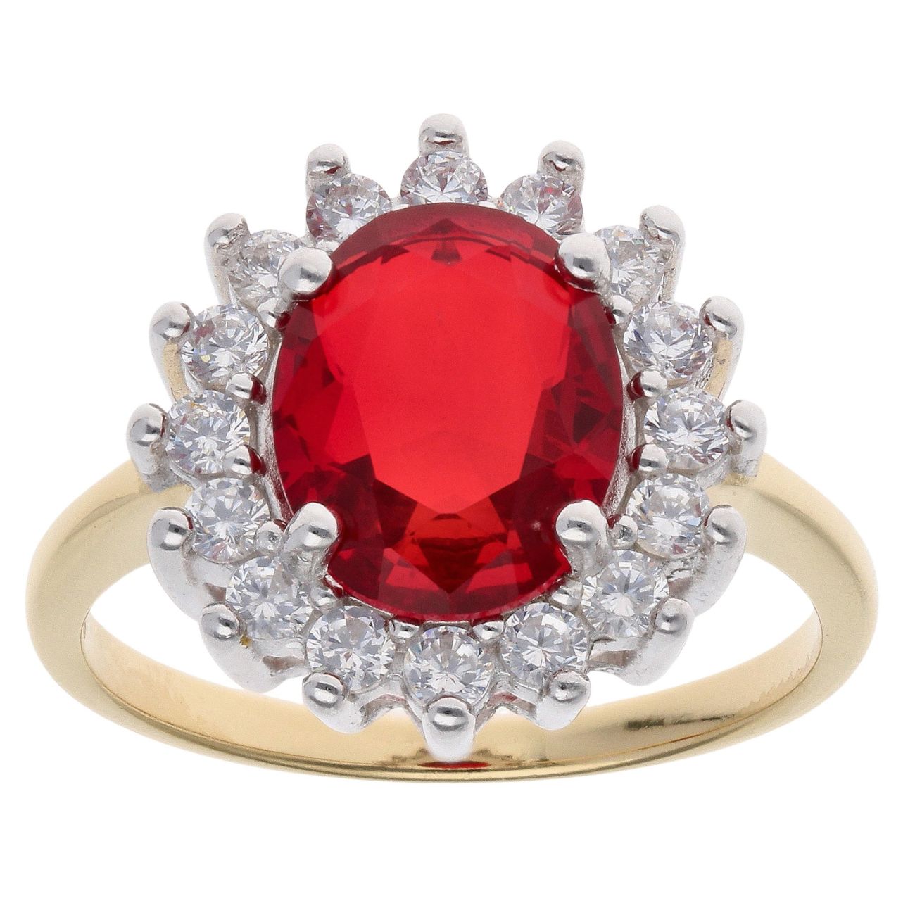 Gold Plated Silver Red Gemstone And Cubic Zirconia Cluster Ring