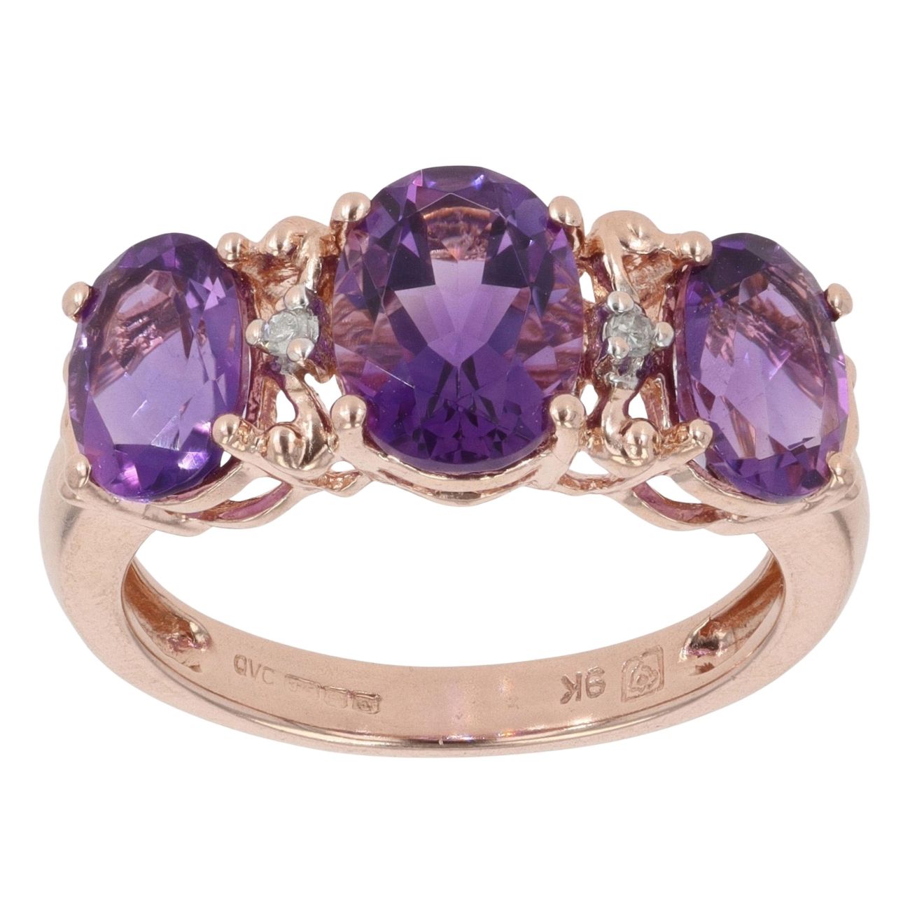 9ct Rose Gold 0.02ct Diamond And Amethyst Three Stone Ring