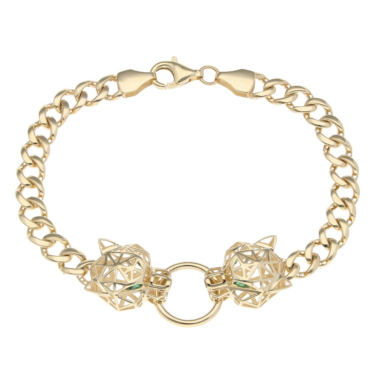 14ct Yellow Gold Green Gemstone Duo Panther Bracelet 7"