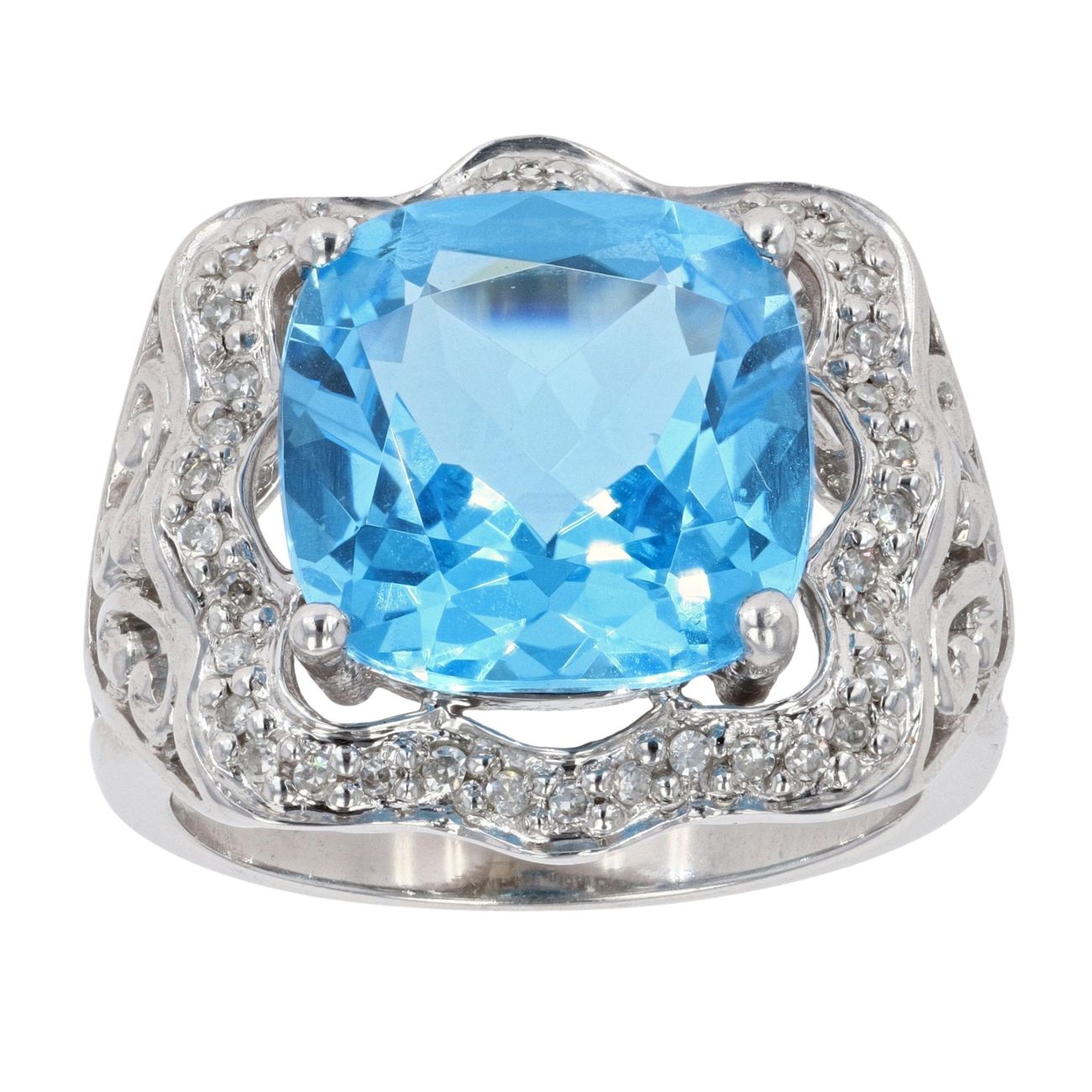 14ct White Gold Blue Topaz and Cubic Zirconia Square Dress Ring