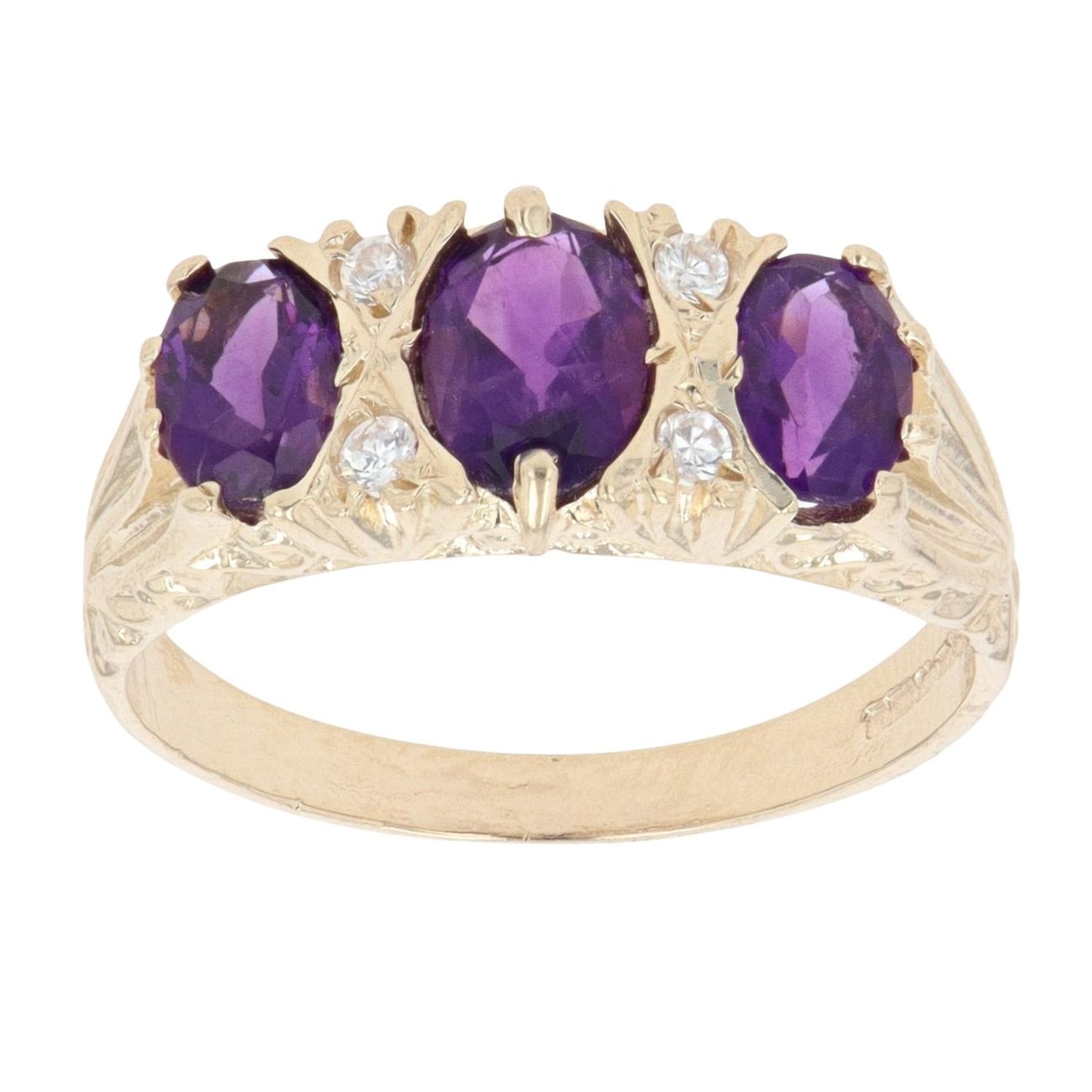 9ct Yellow Gold Amethyst And Cubic Zirconia Three Stone Ring
