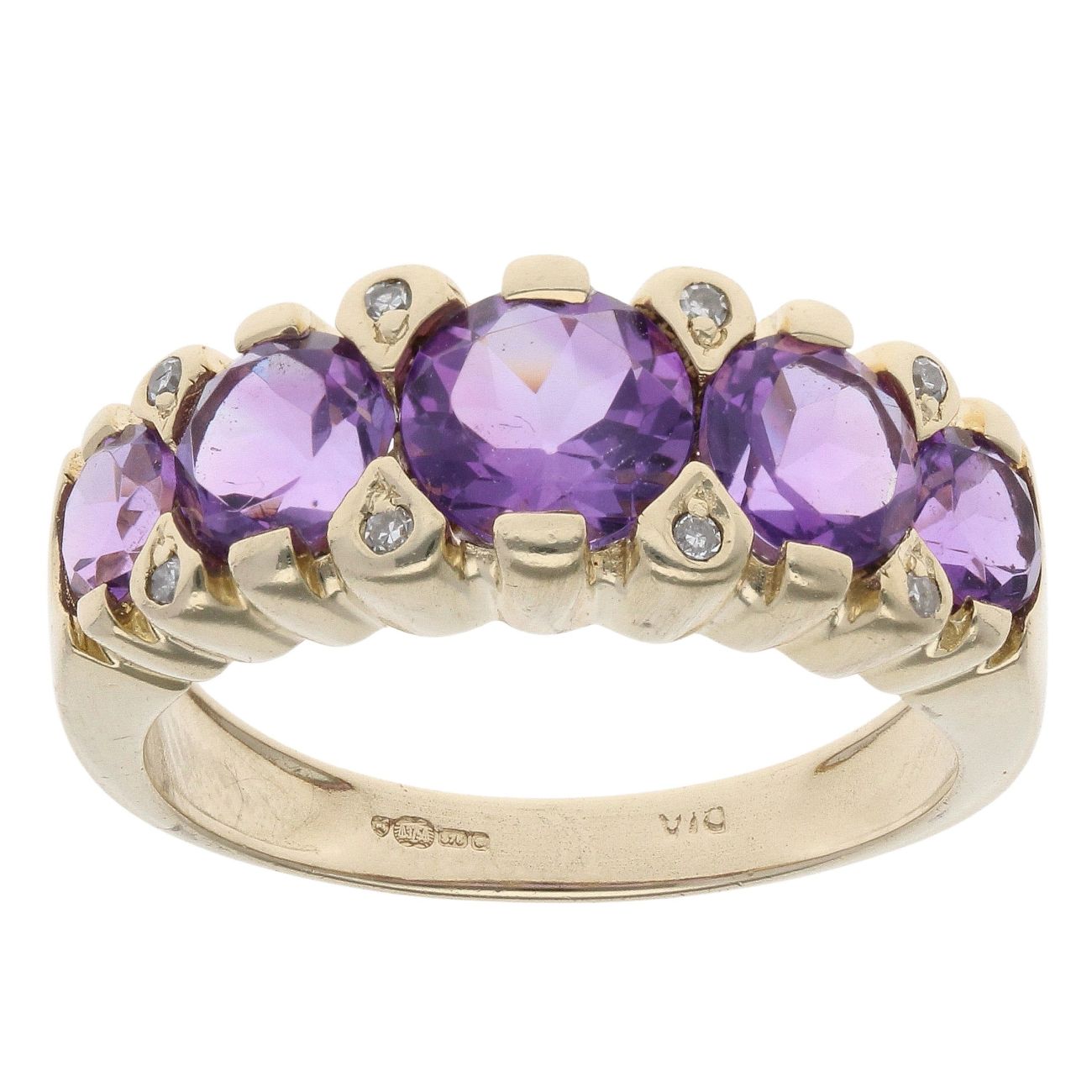 9ct Yellow Gold 0.05ct Diamond and Amethyst Five Stone Ring