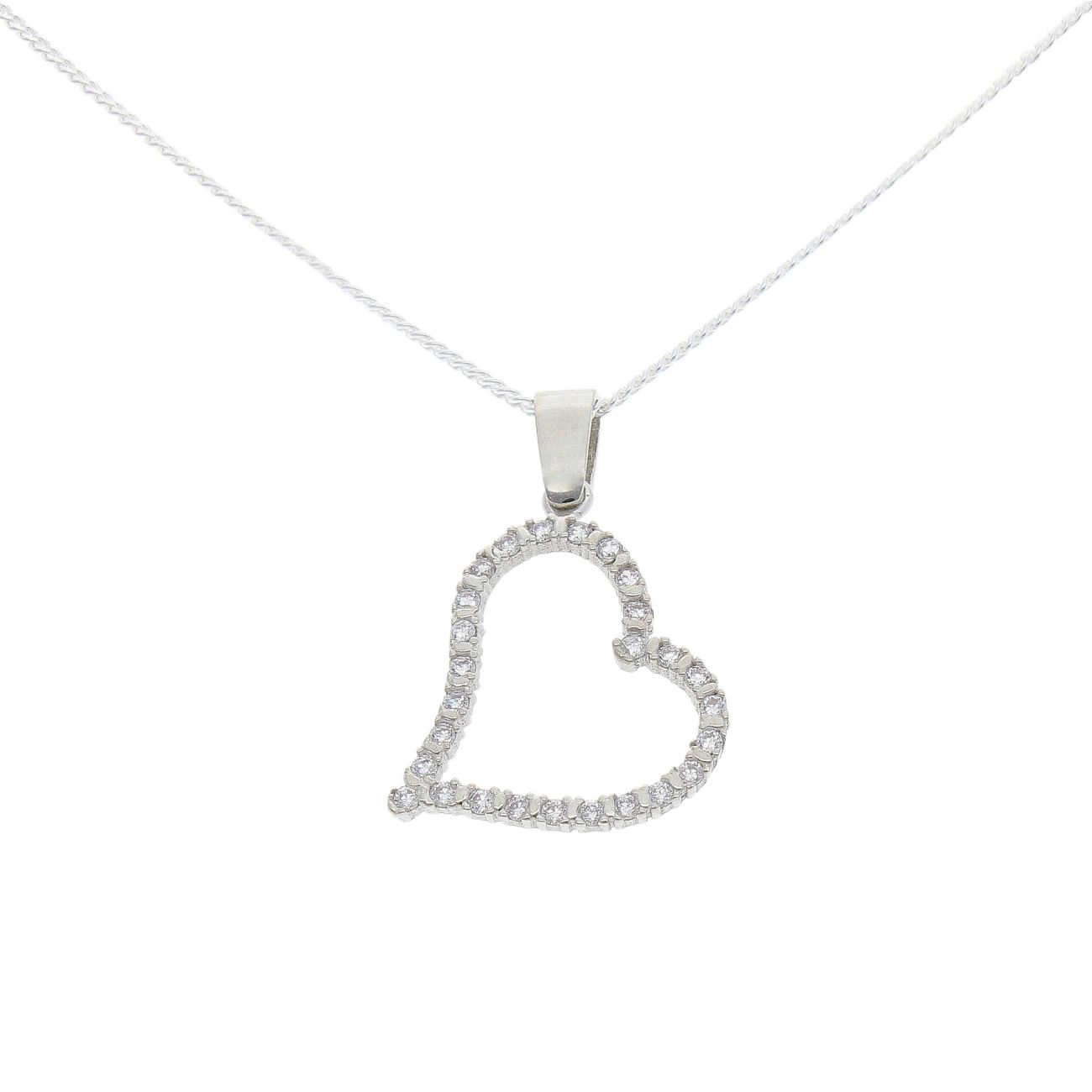 Silver Cubic Zirconia Open Heart Pendant And Chain 18"