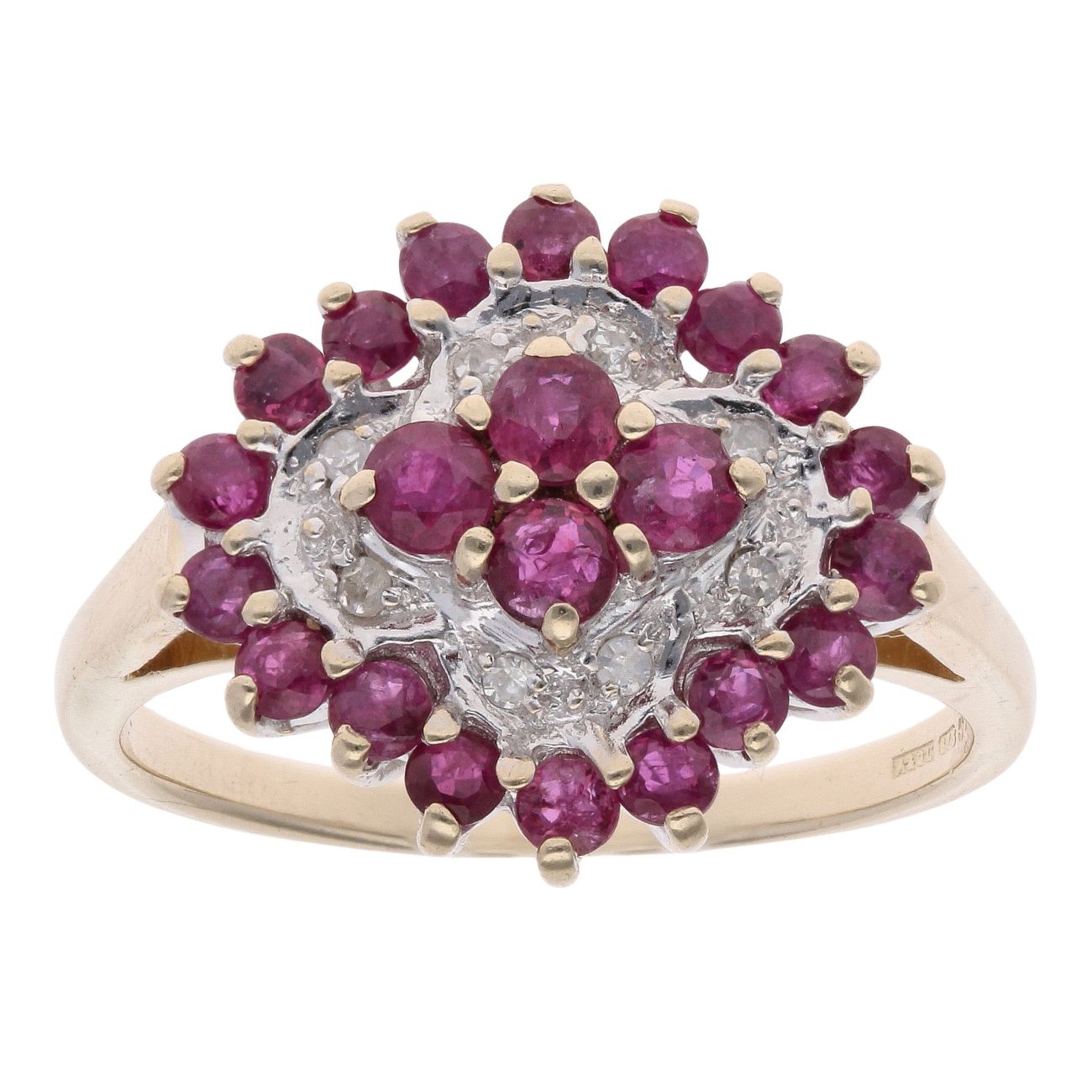 9ct Yellow Gold Ruby and 0.10ct Diamond Cluster Ring