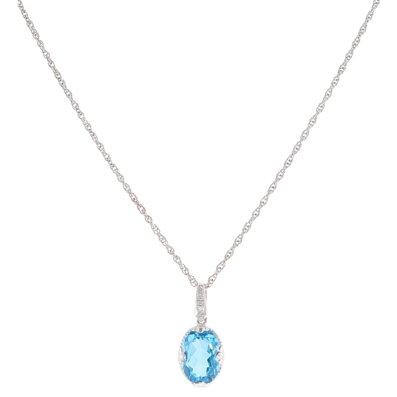 9ct White Gold 0.01ct Diamond and Blue Topaz Pendant and Chain 18"