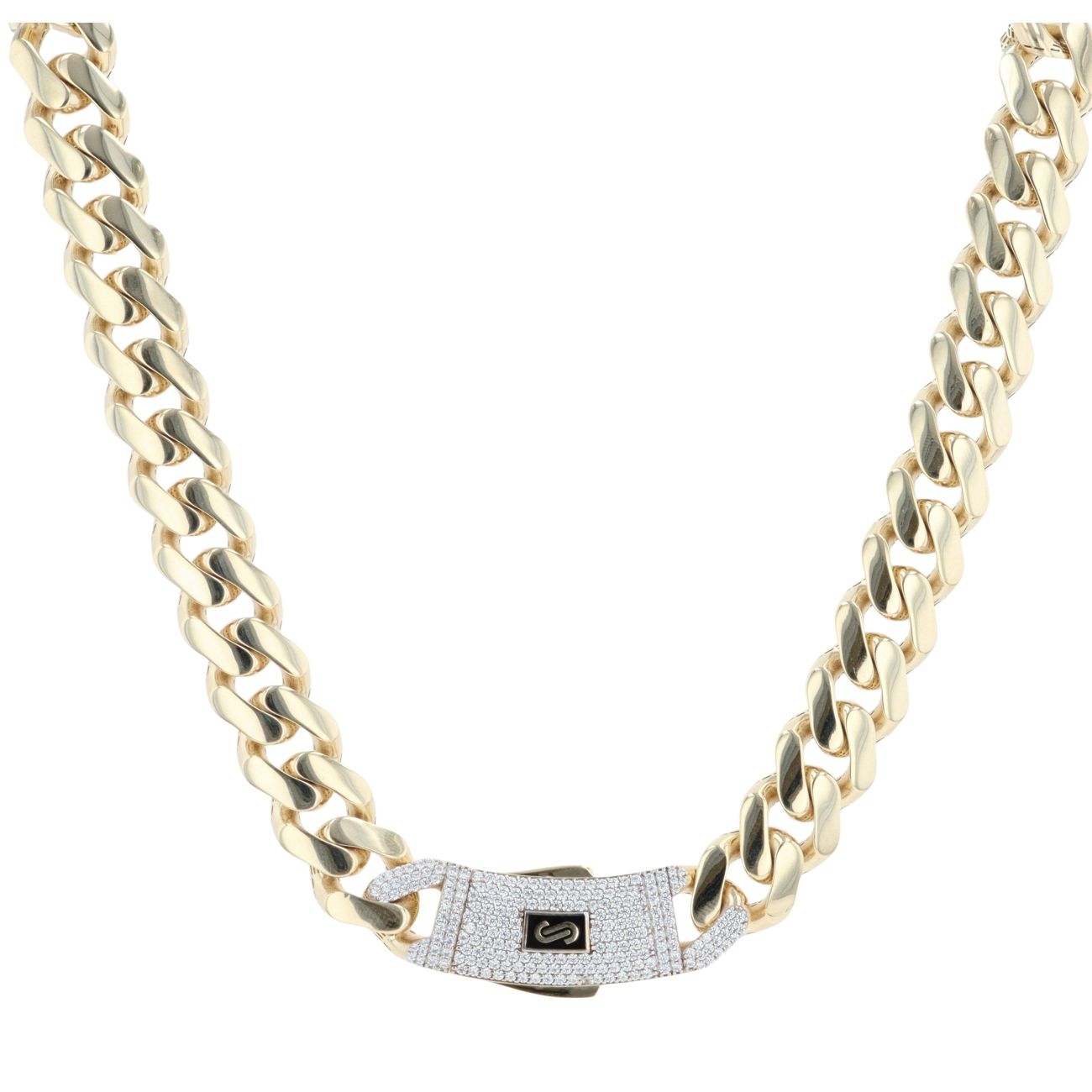 14ct Yellow Gold Monaco Curb Classic Cubic Zirconia Pave Lock Chain 24"