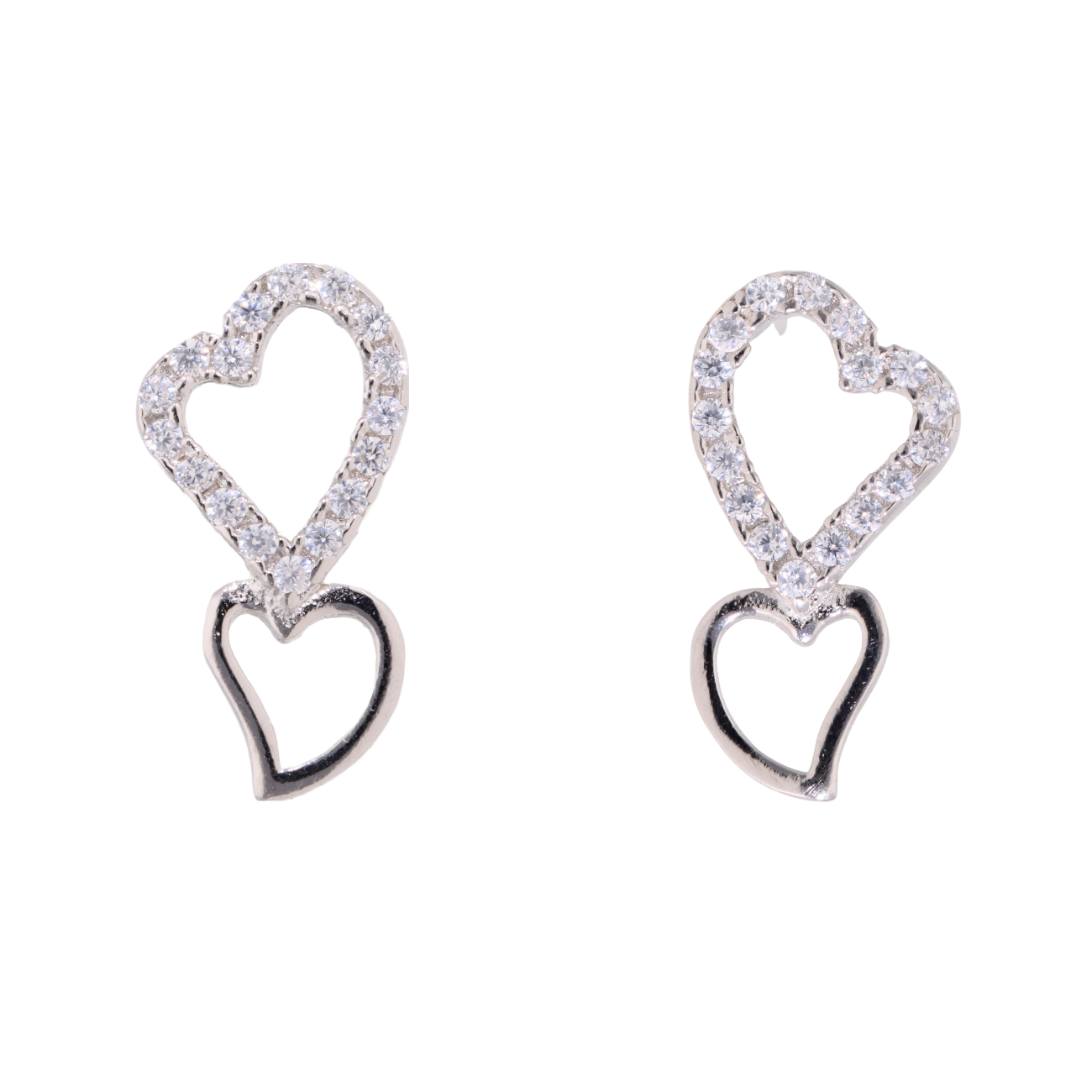 Silver Cubic Zirconia Double Heart Stud Earrings by Icesia