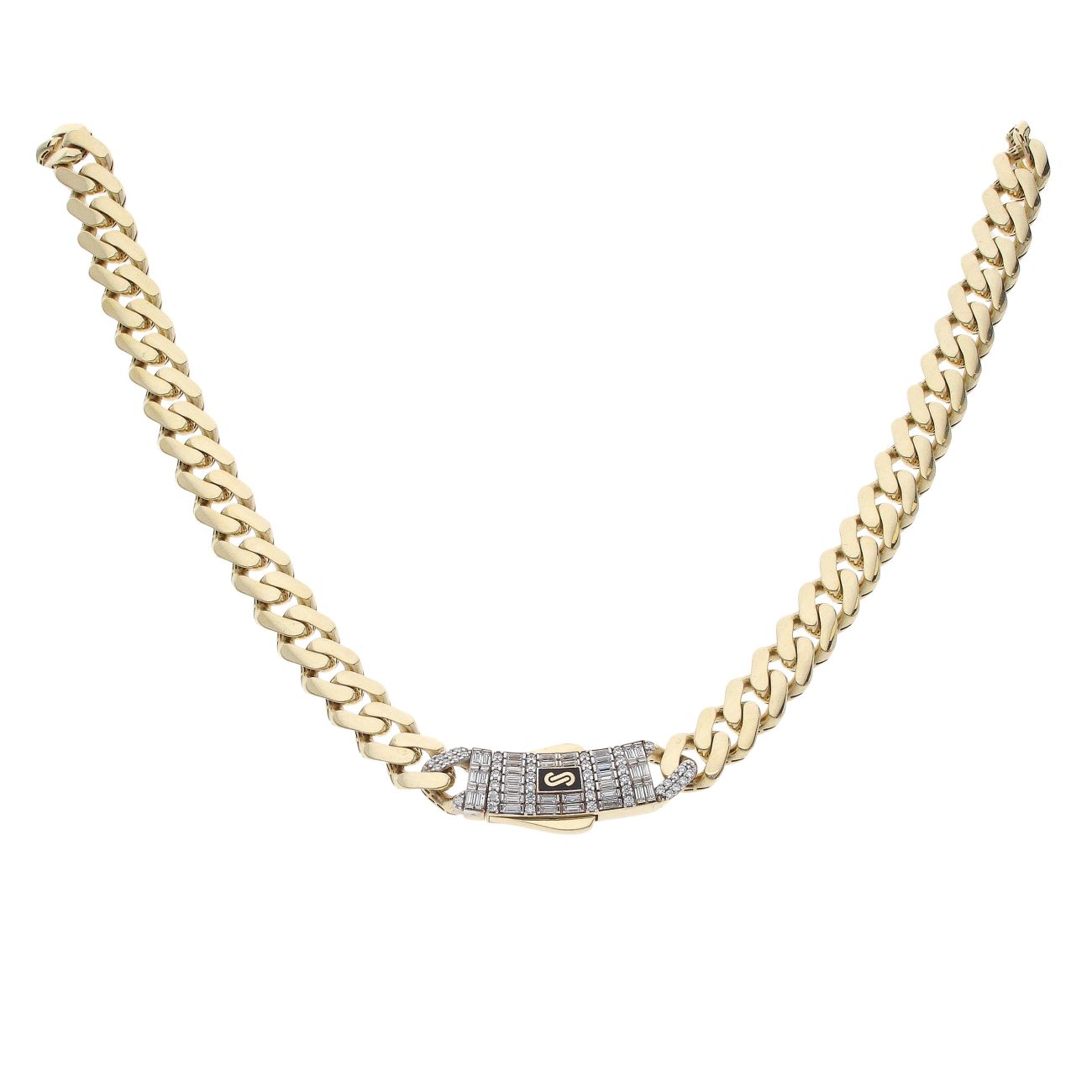 14ct Yellow Gold Monaco Classic Cubic Zirconia Baguette Pave Lock Curb Chain 16"