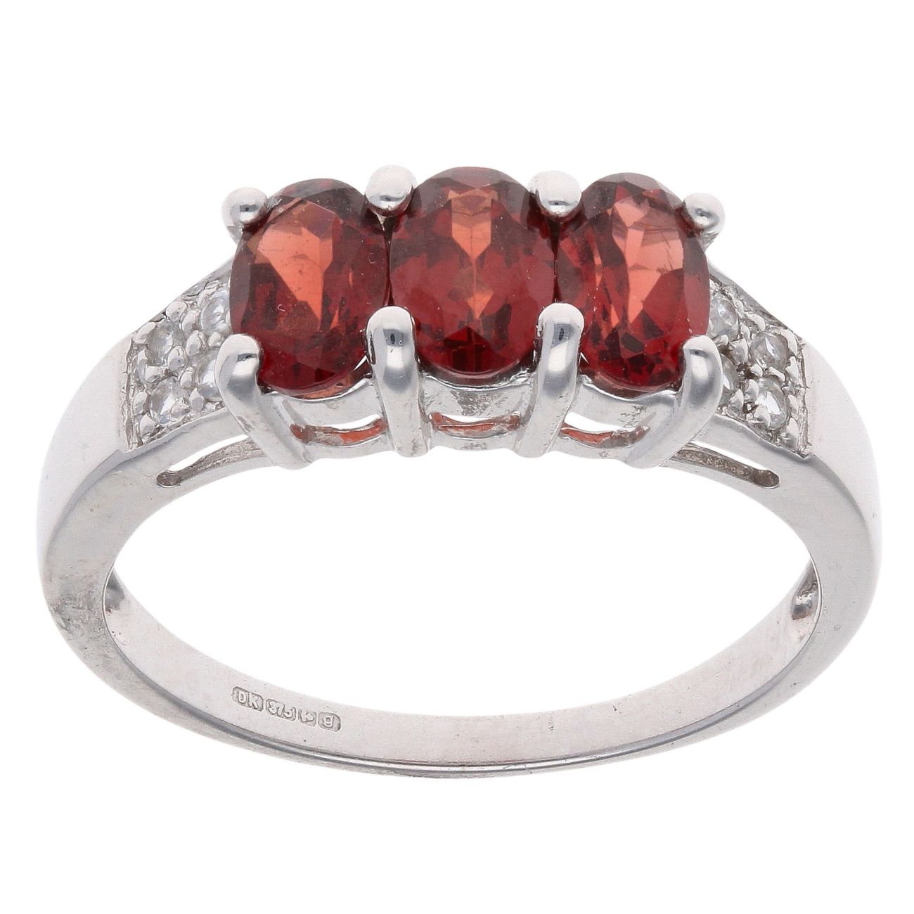 9ct White Gold Garnet and Cubic Zirconia Three Stone Ring
