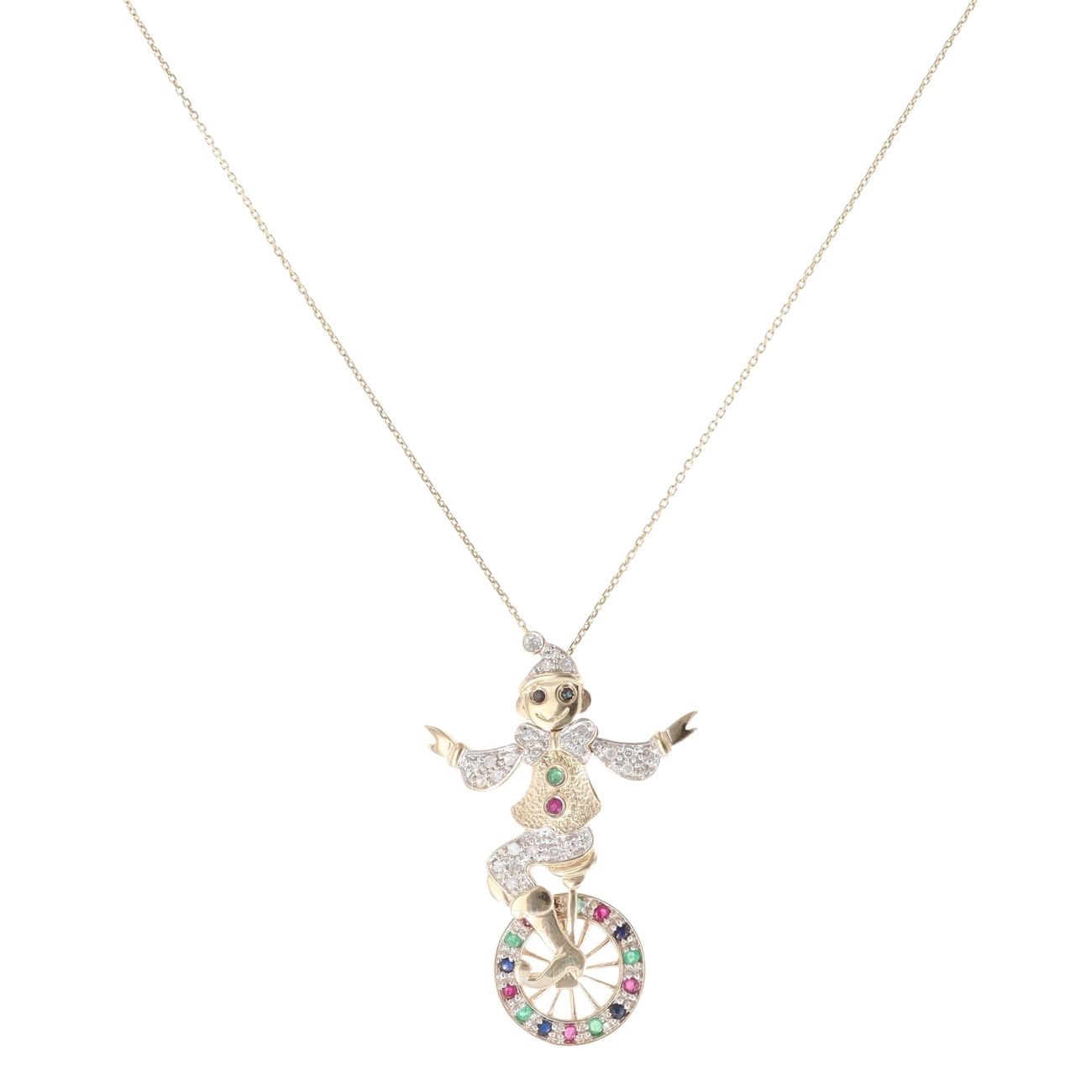 9ct Yellow Gold 0.15ct Diamond and Multi-Gemstone Clown Pendant and Chain 18"