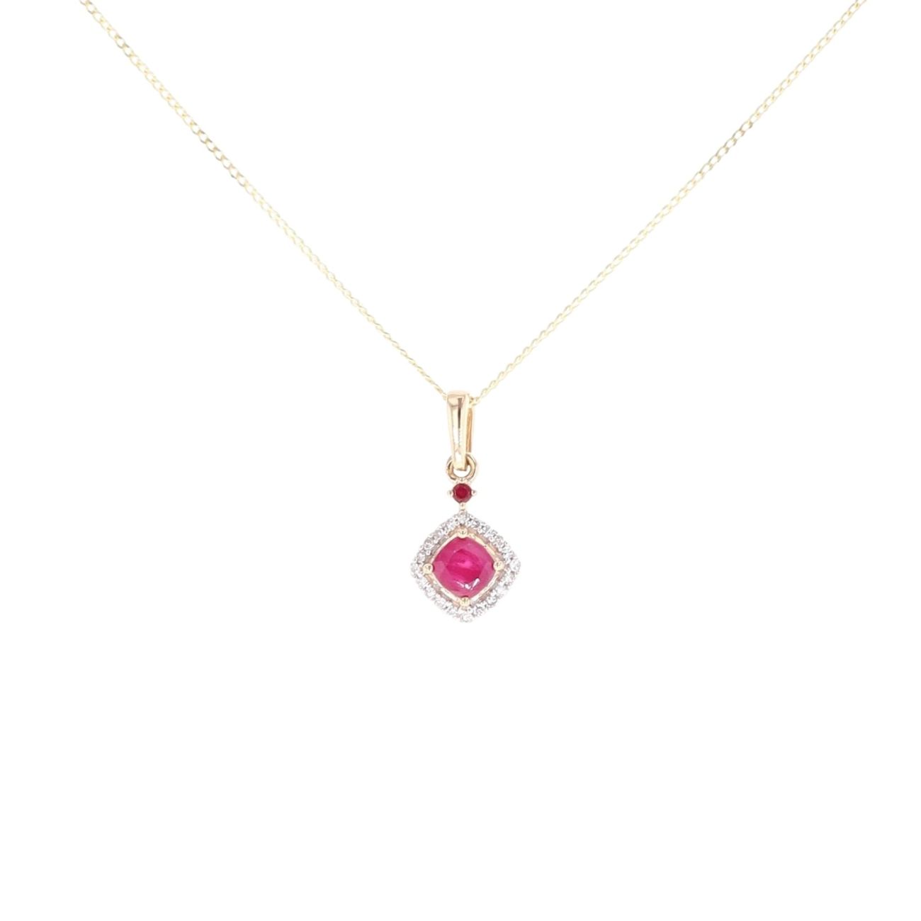 9ct Yellow Gold Ruby And 0.06ct Diamond Cluster Pendant And Chain 18"