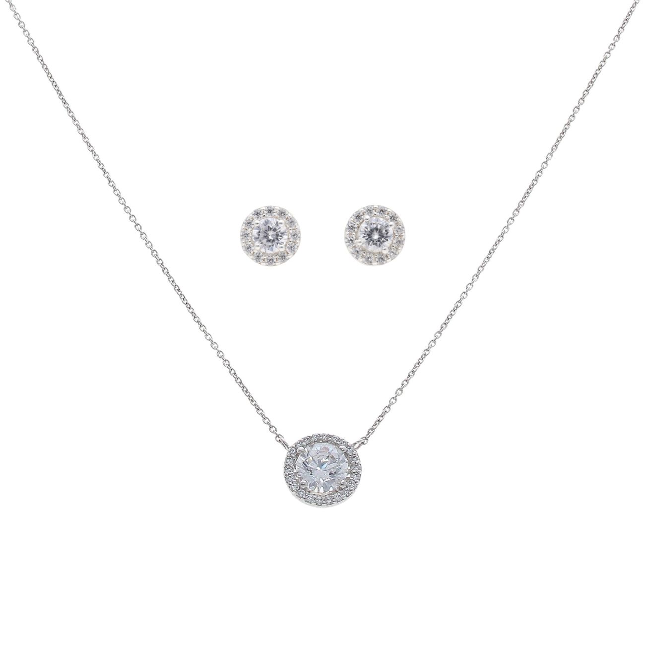 Silver Cubic Zirconia Halo Pendant, Chain and Earrings Set