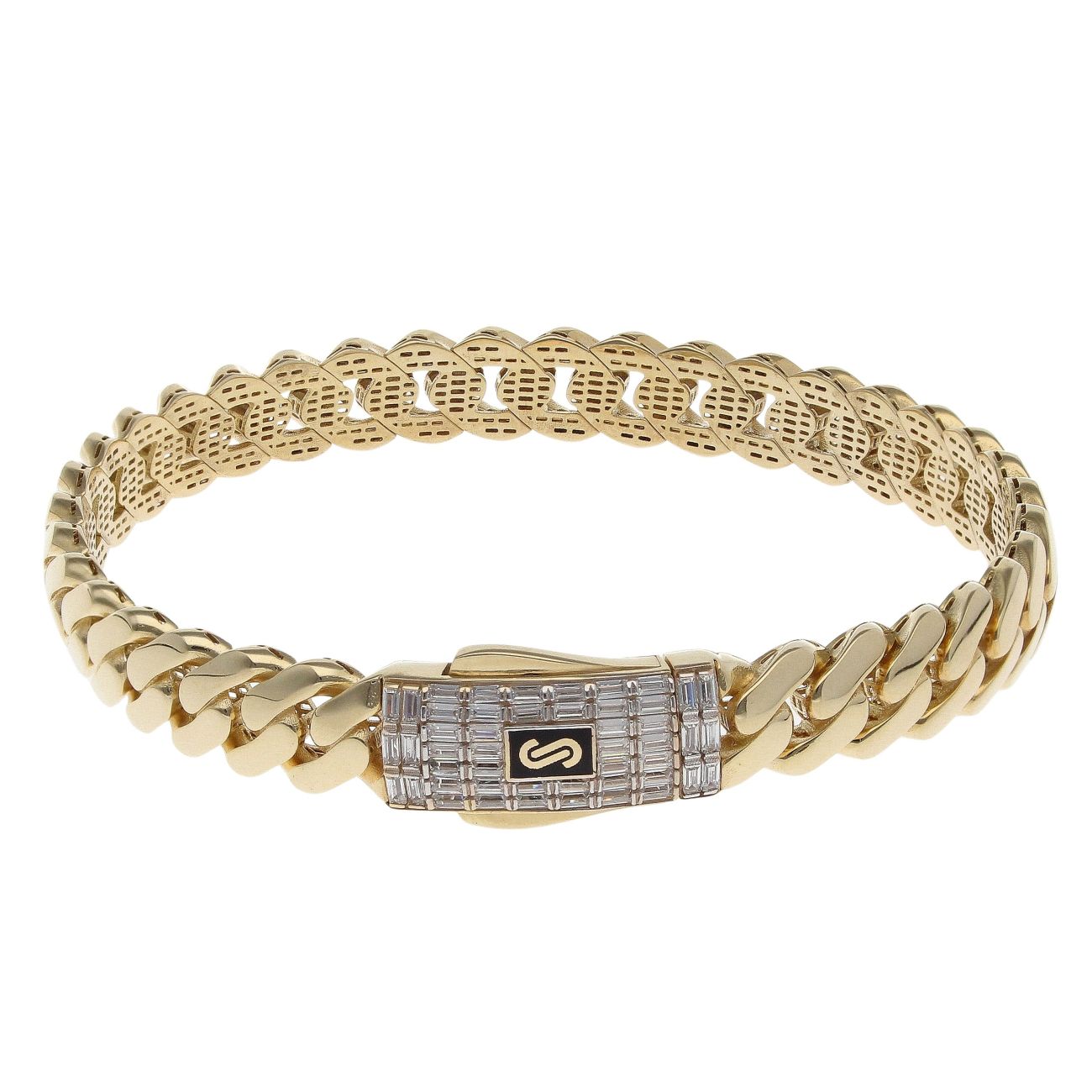 14ct Yellow Gold Monaco Classic Baguette Pave Lock Bangle