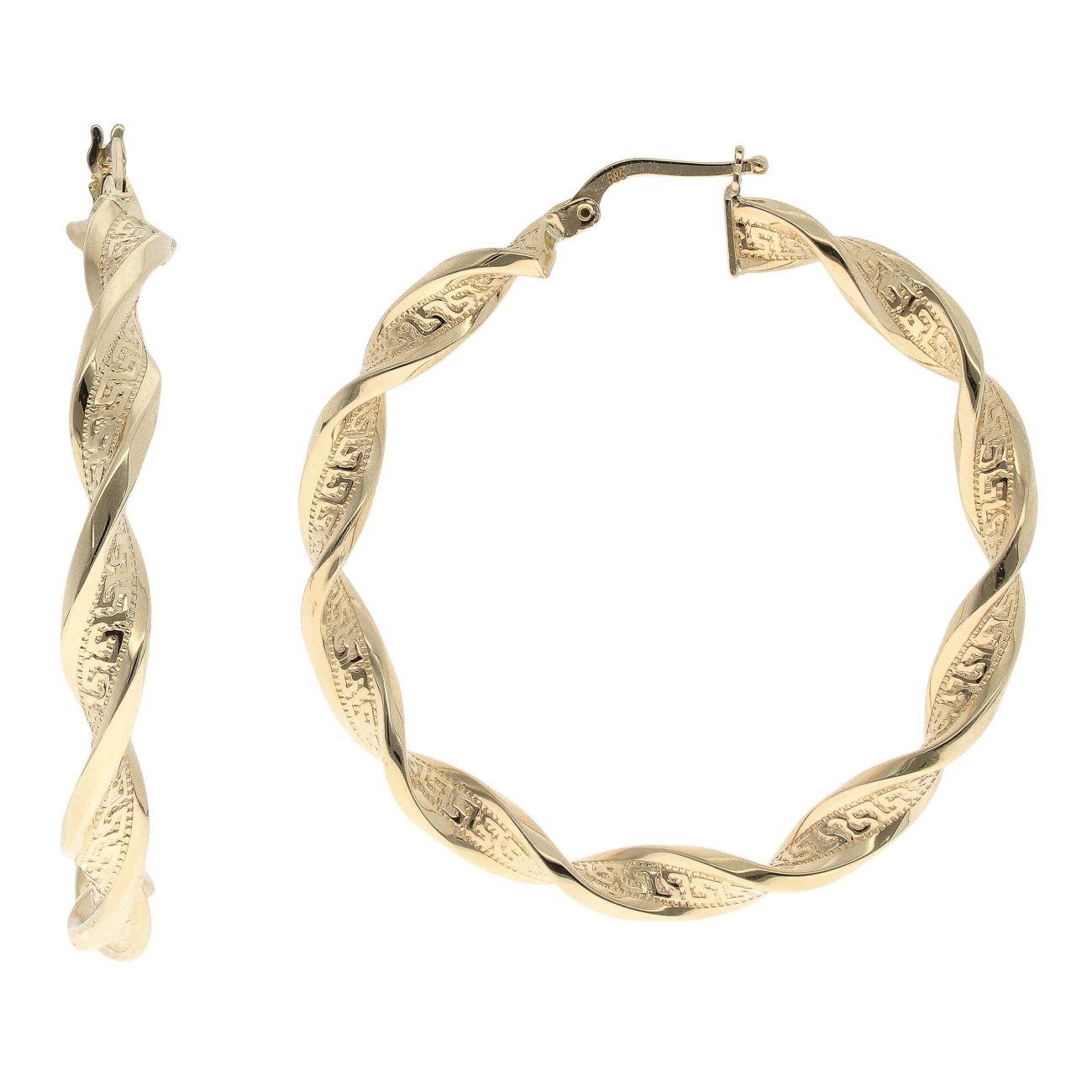 14ct Yellow Gold Greek Key Twist Hoop Earrings