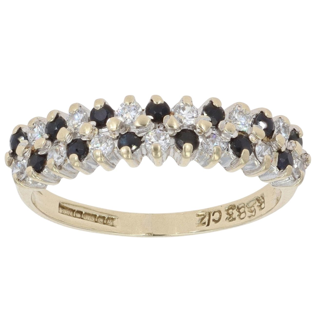 9ct Yellow Gold Cubic Zirconia and Sapphire Two Row Fancy Ring