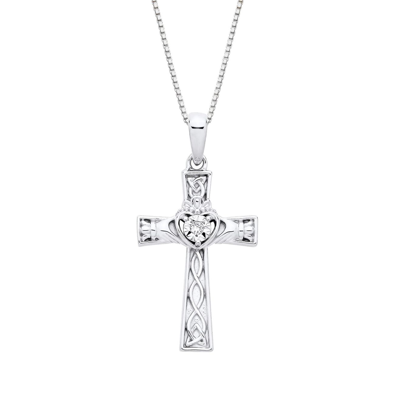 Sterling Silver Diamond Celtic Claddagh Cross Pendant Necklace