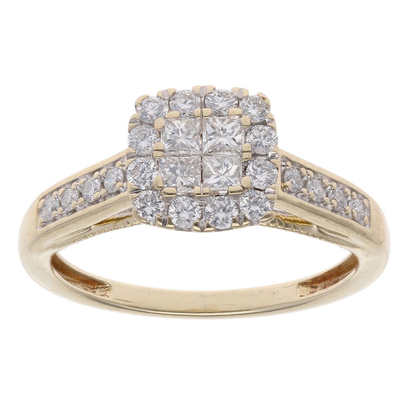 9ct Yellow Gold 0.50ct Princess And Brilliant Cut Diamond Cluster Ring