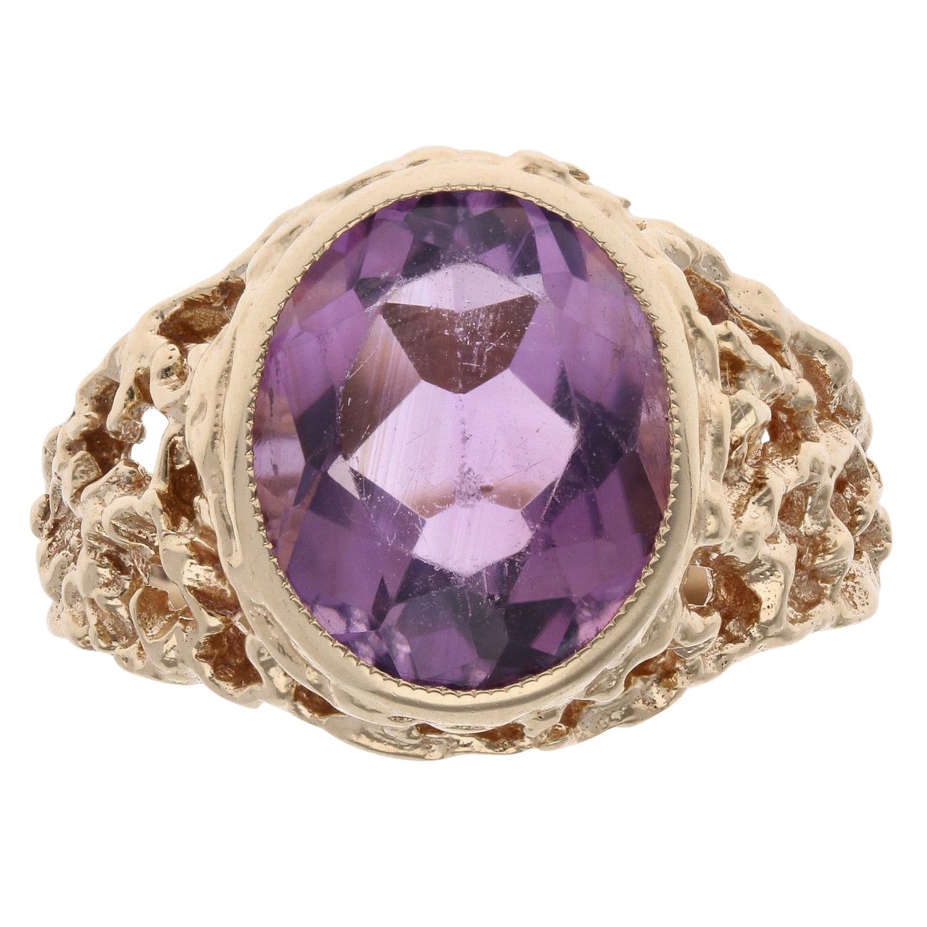 9ct Yellow Gold Patterned Amethyst Single Stone Ring