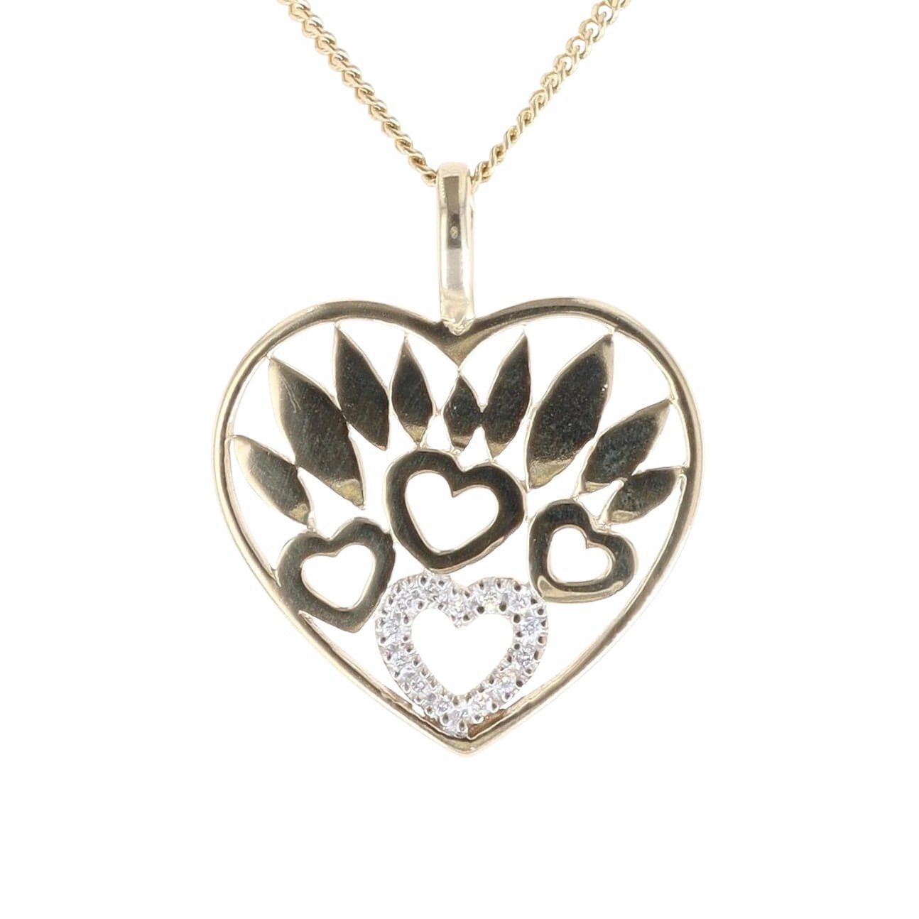 9ct Yellow Gold 0.14ct Diamond Hearts Pendant and Chain 18"