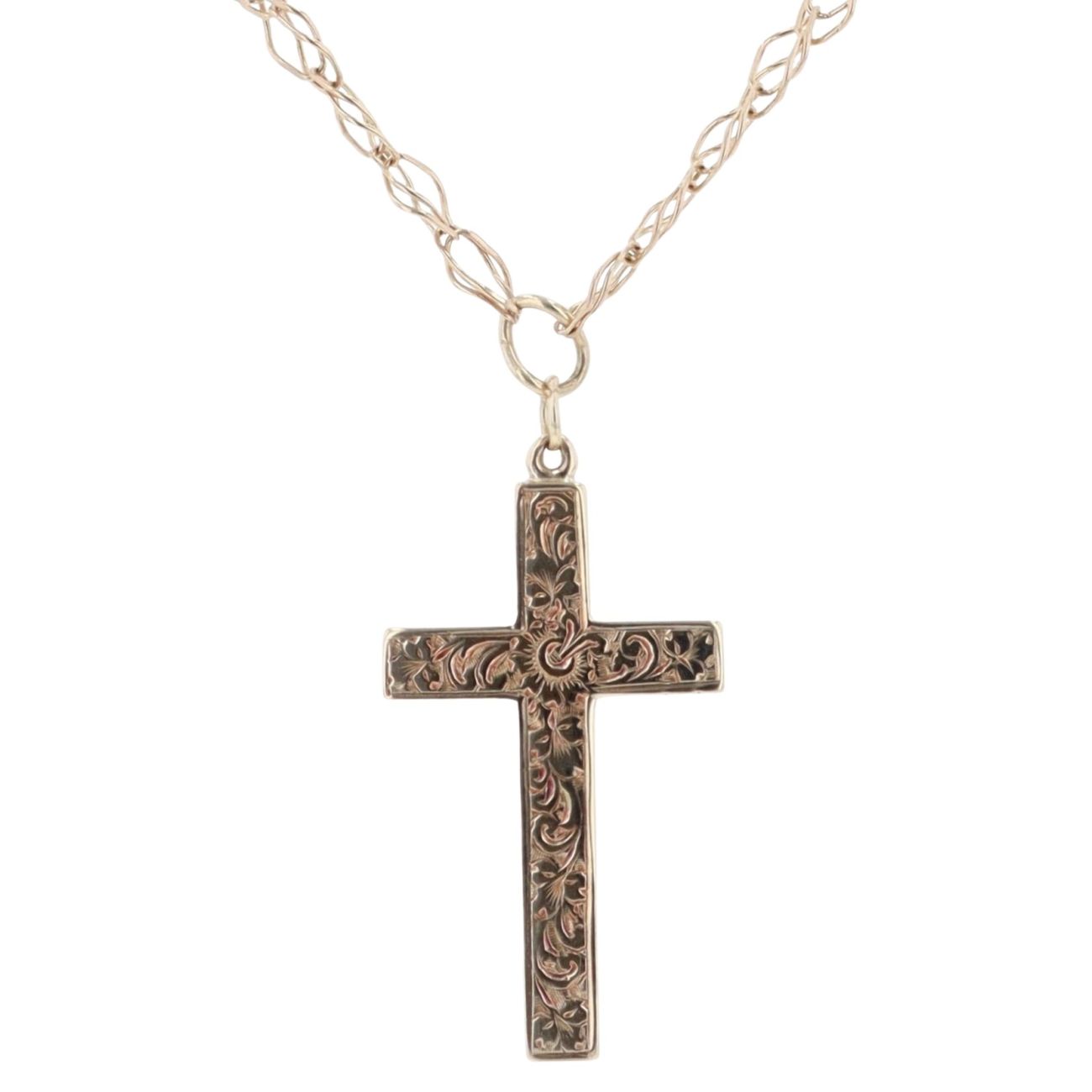 9ct Yellow Gold Patterned Cross Pendant And Chain 20"