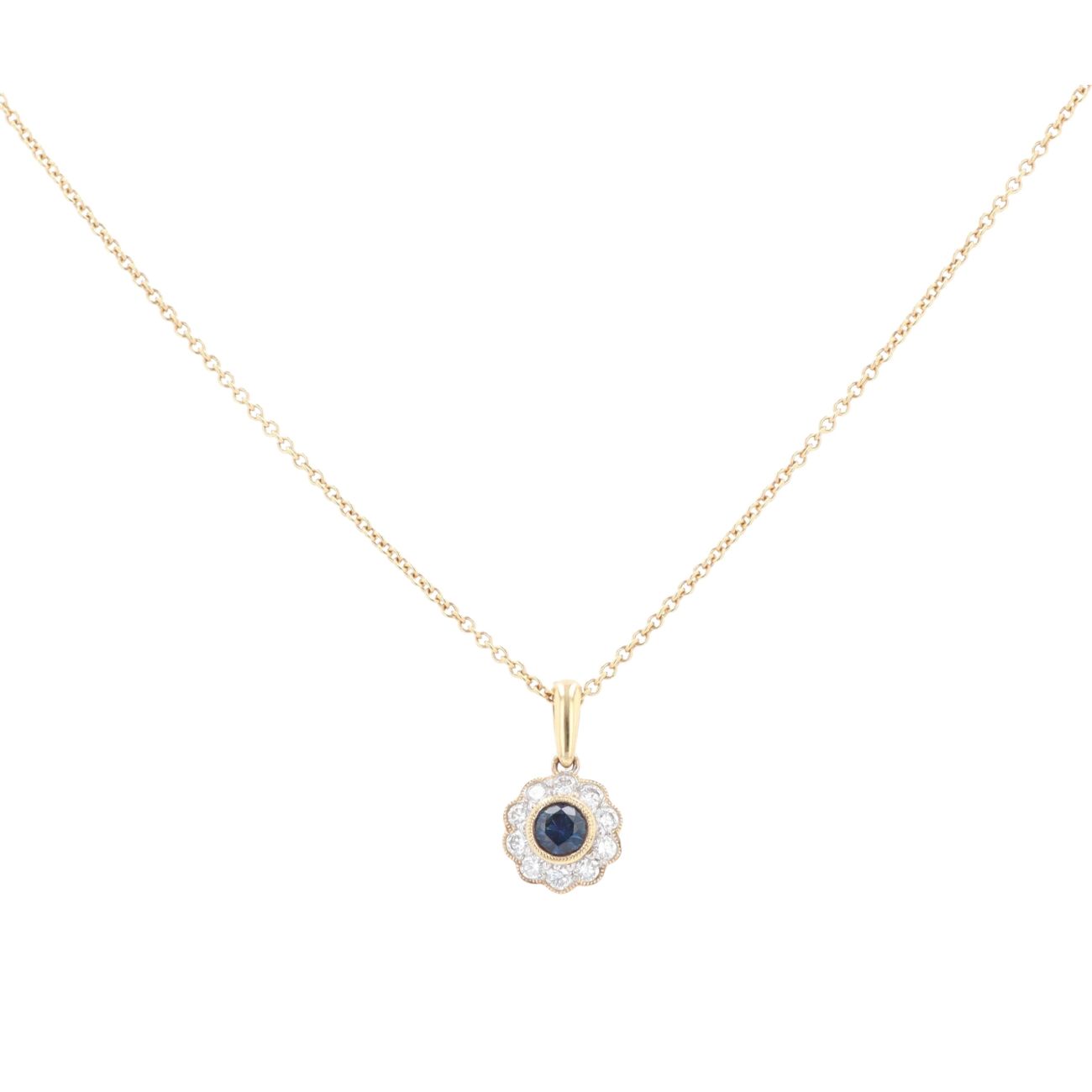18ct Yellow Gold 0.30ct Brilliant Cut Diamond And Sapphire Cluster Pendant And Chain 16"