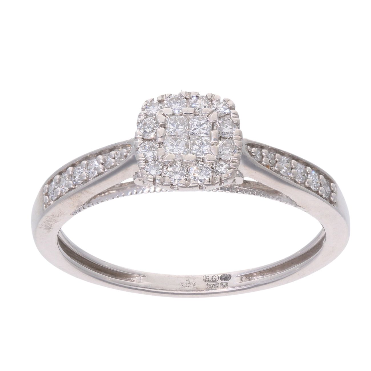9ct White Gold 0.33ct Princess and Brilliant Cut Diamond Cluster Ring