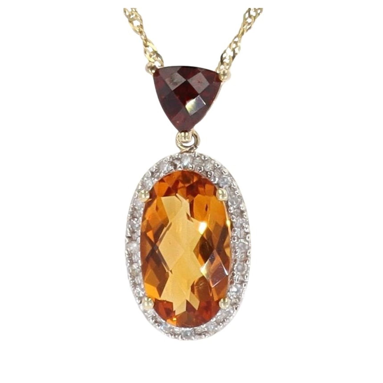 9ct Yellow Gold 0.20ct Diamond, Citrine And Garnet Pendant And Chain 18"