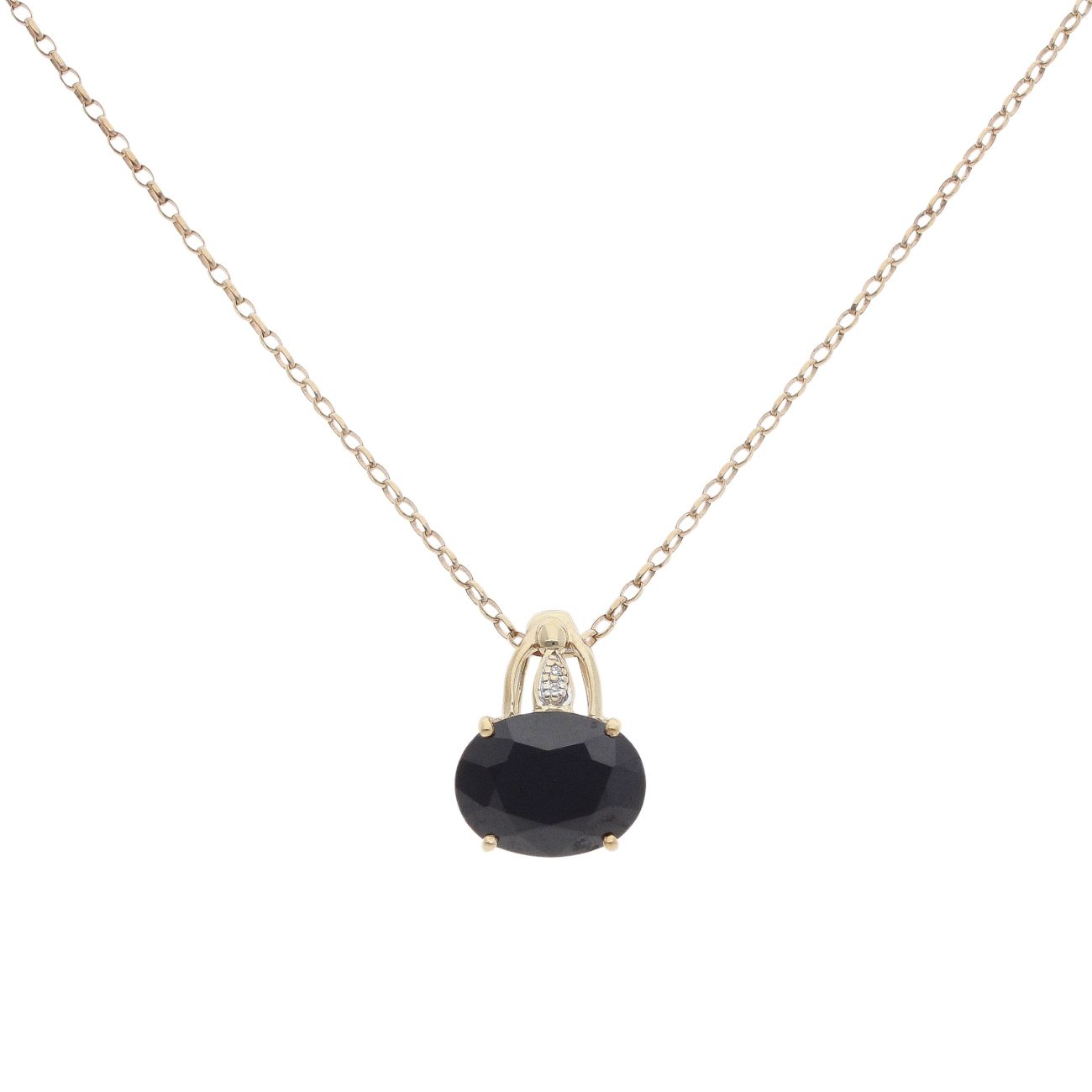 9ct Yellow Gold 0.02ct Diamond And Black Gemstone Pendant And Chain 16"