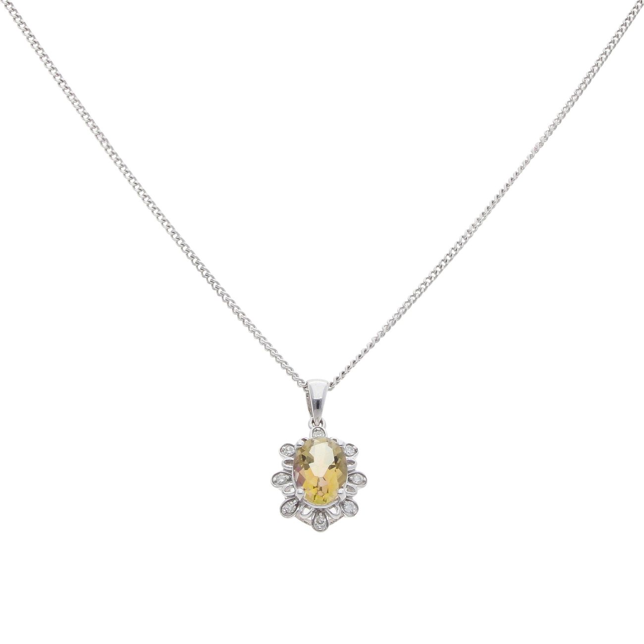 9ct White Gold 0.05ct Diamond and Citrine Cluster Pendant and Chain 18"