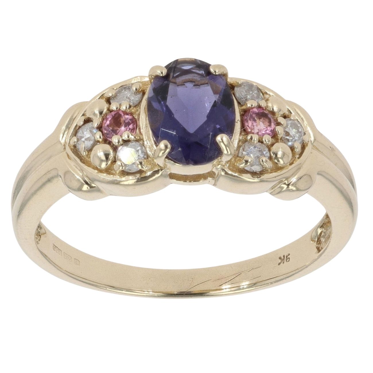 9ct Yellow Gold 0.10ct Diamond, Iolite and Pink Gemstone Dress Ring