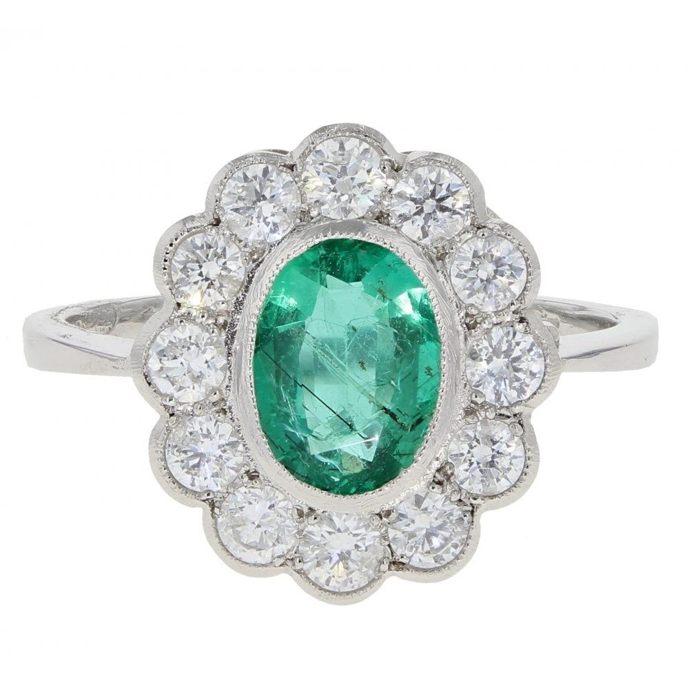 Platinum 0.95cts Vintage Style Diamond And Emerald Oval Cluster Ring
