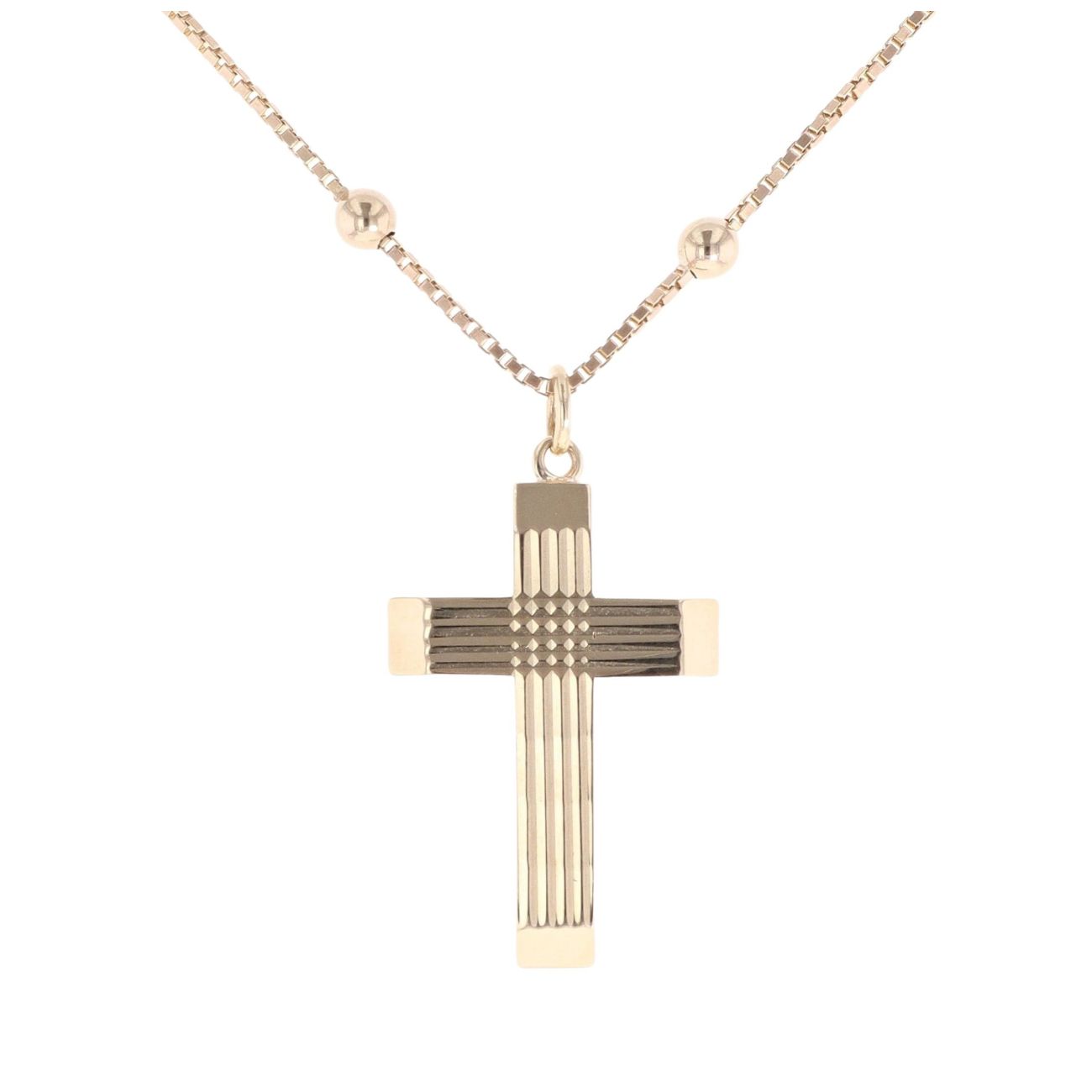 9ct Yellow Gold Patterned Cross Pendant And Bead Chain 24"
