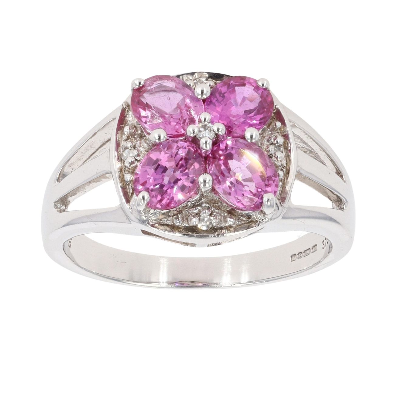 9ct White Gold 0.05ct Diamond And Pink Sapphire Cluster Ring