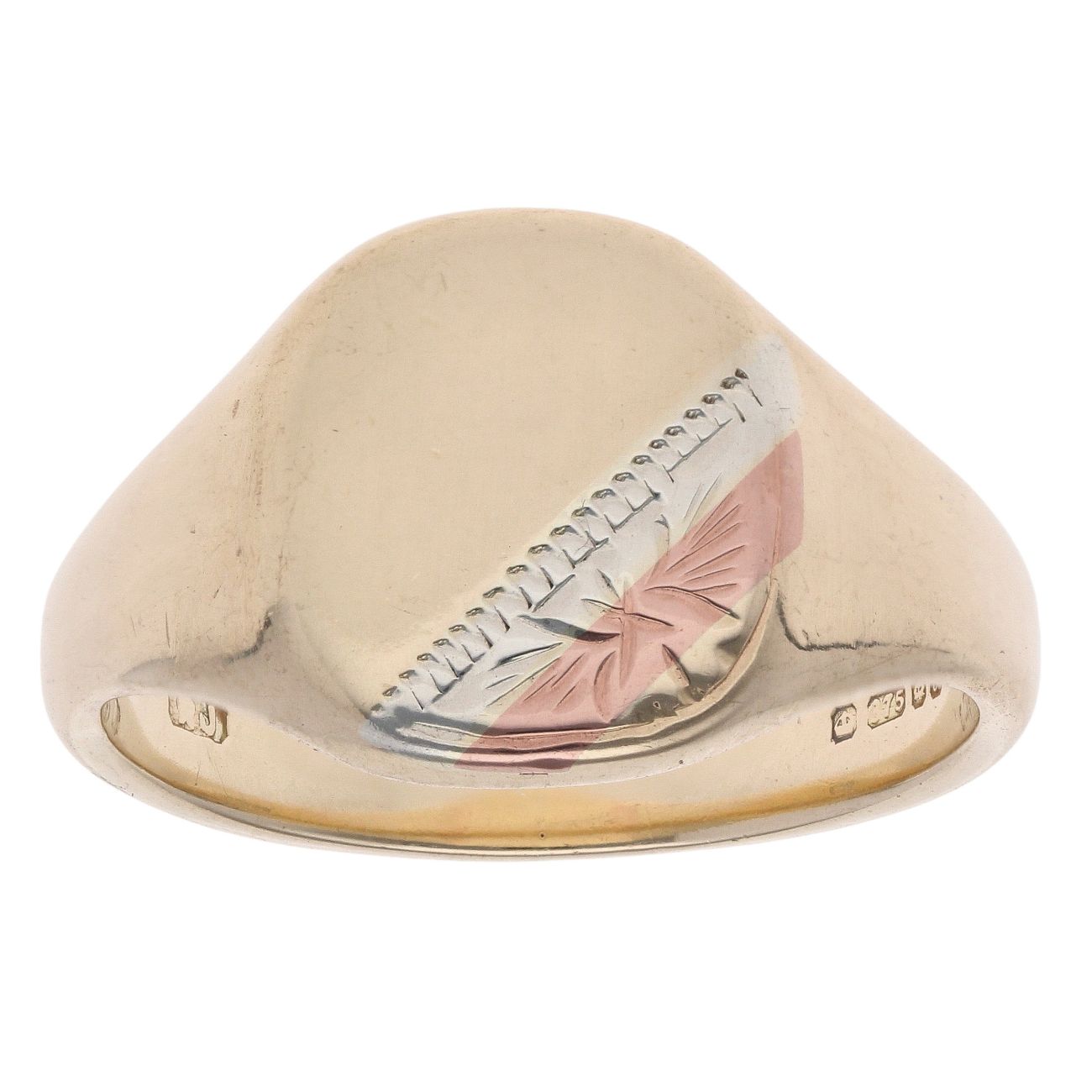 9ct Yellow, White And Rose Gold Patterned Signet Ring