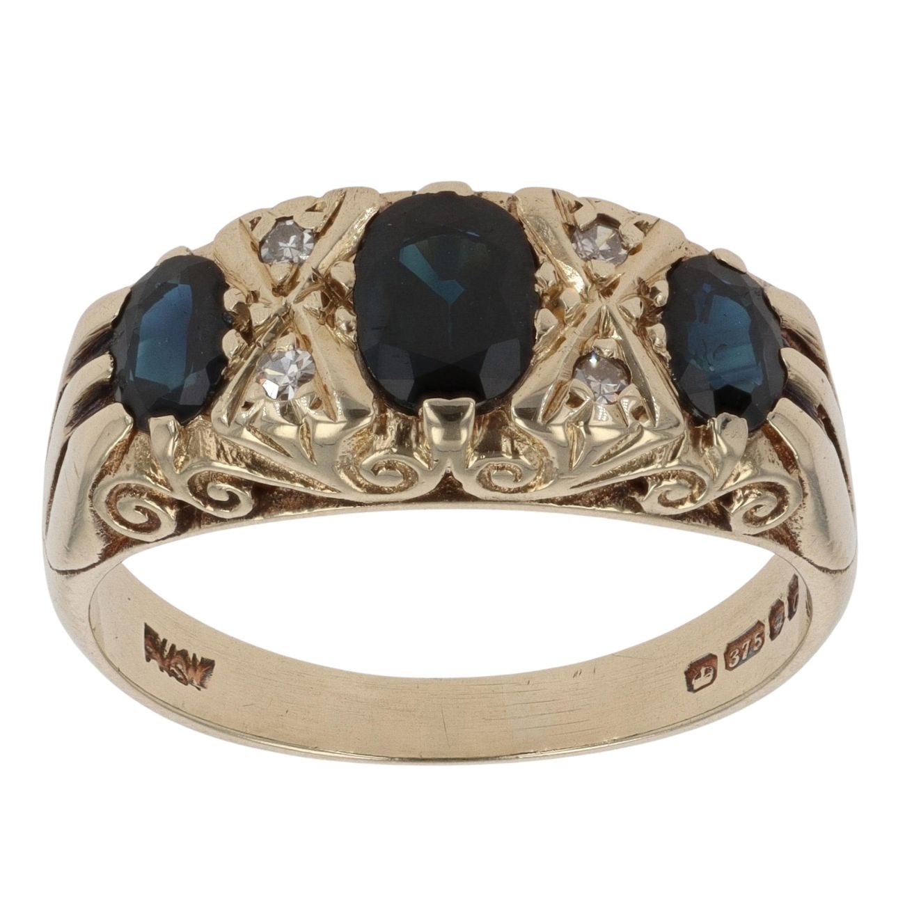 9ct Yellow Gold 0.05ct Diamond And Sapphire Three Stone Ring
