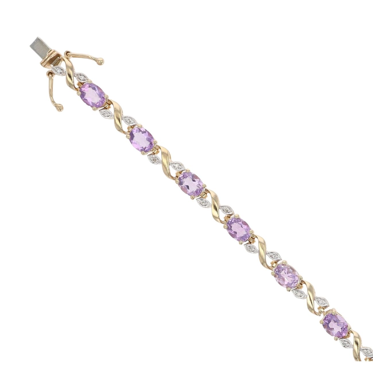 9ct Yellow Gold 0.15ct Diamond And Amethyst Bracelet 6.5"
