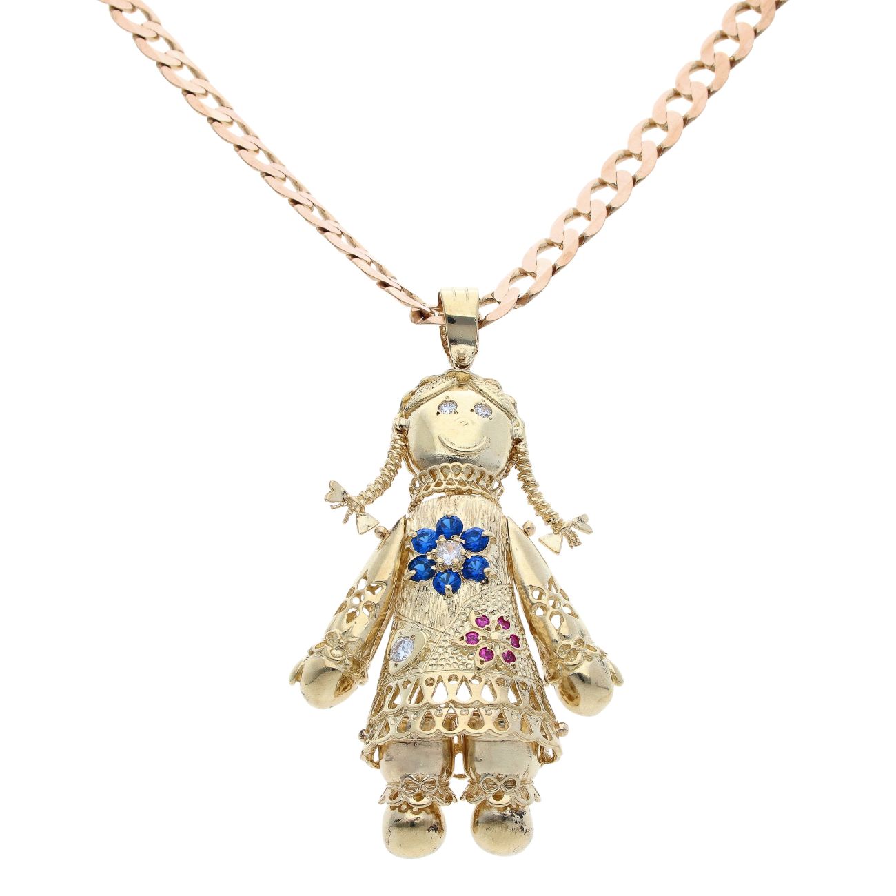 9ct Yellow Gold Multi-Gemstone Ragdoll Pendant and Chain 22"