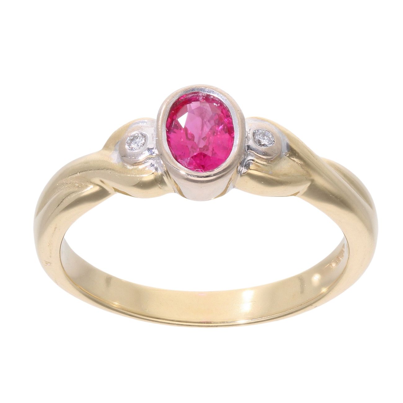 18ct Yellow Gold Ruby and 0.02ct Diamond Three Stone Ring