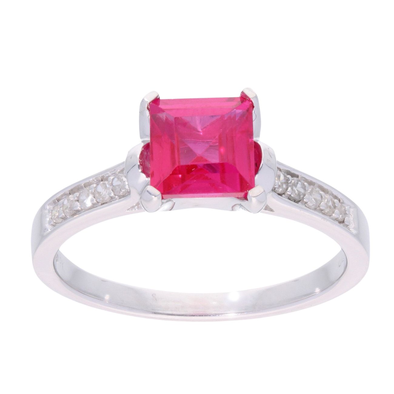 9ct White Gold Created Ruby and Diamond Square Ring