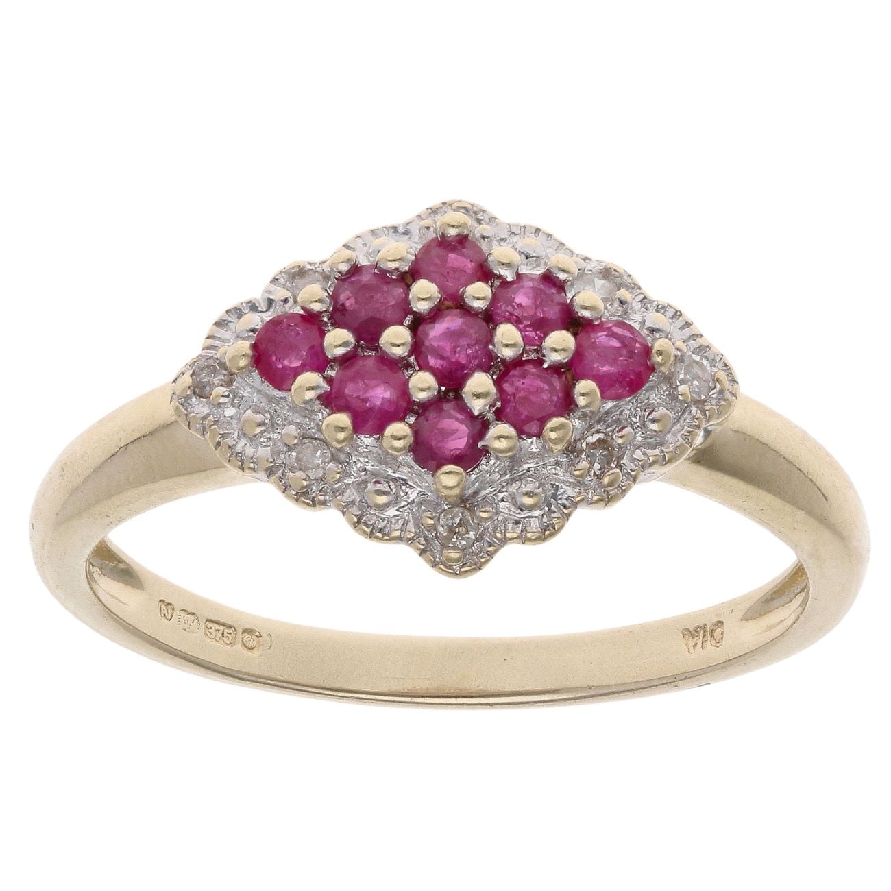 9ct Yellow Gold 0.10ct Diamond and Ruby Cluster Ring