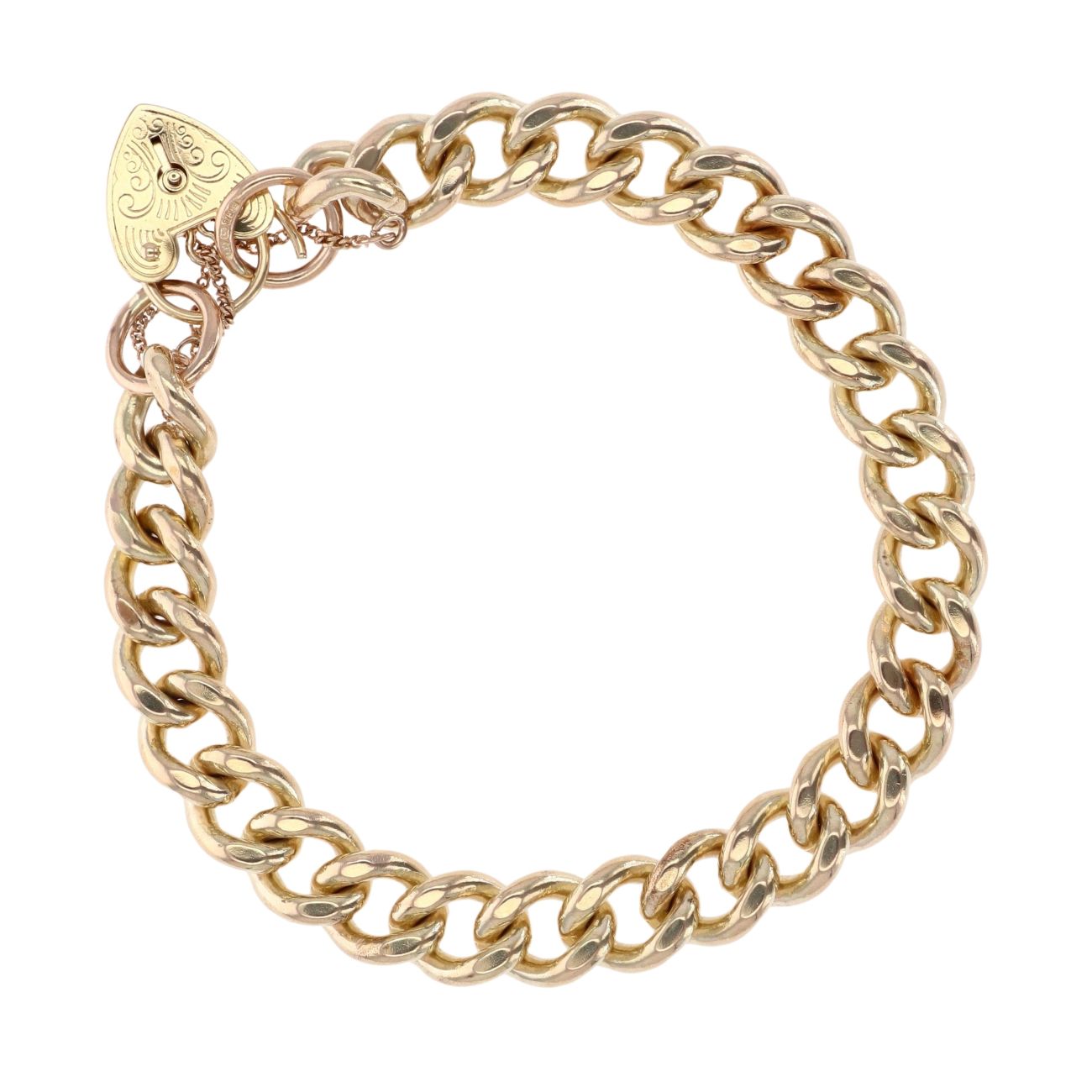 9ct Yellow Gold Heart Lock Charm Bracelet 7"