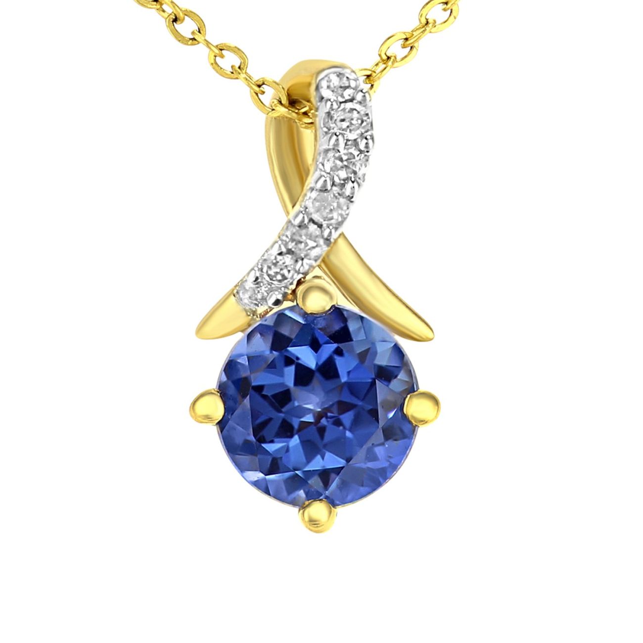 9ct Yellow Gold Created Tanzanite and Diamond Twist Pendant Necklace
