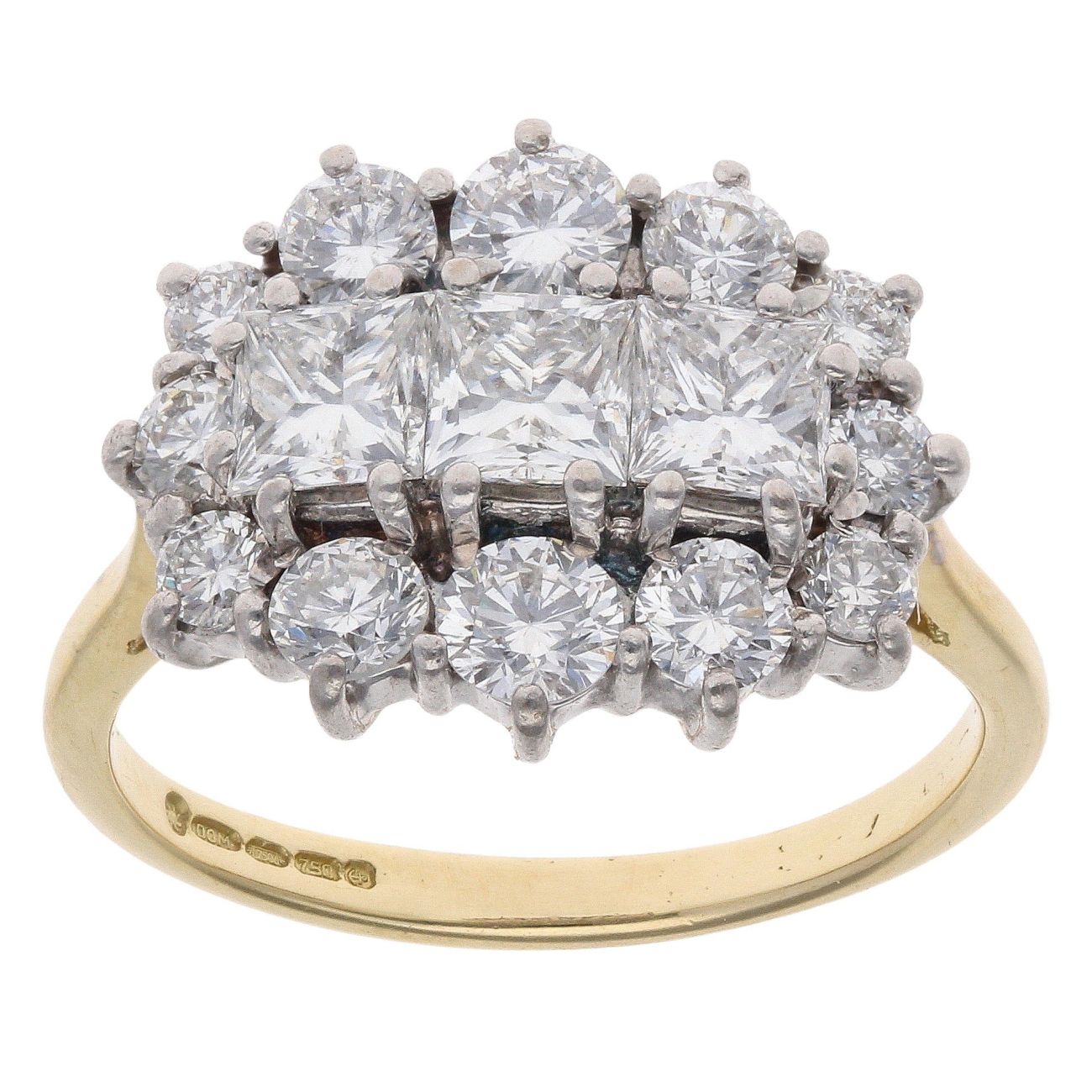18ct Yellow Gold 2.00ct Brilliant And Princess Cut Diamond Cluster Ring