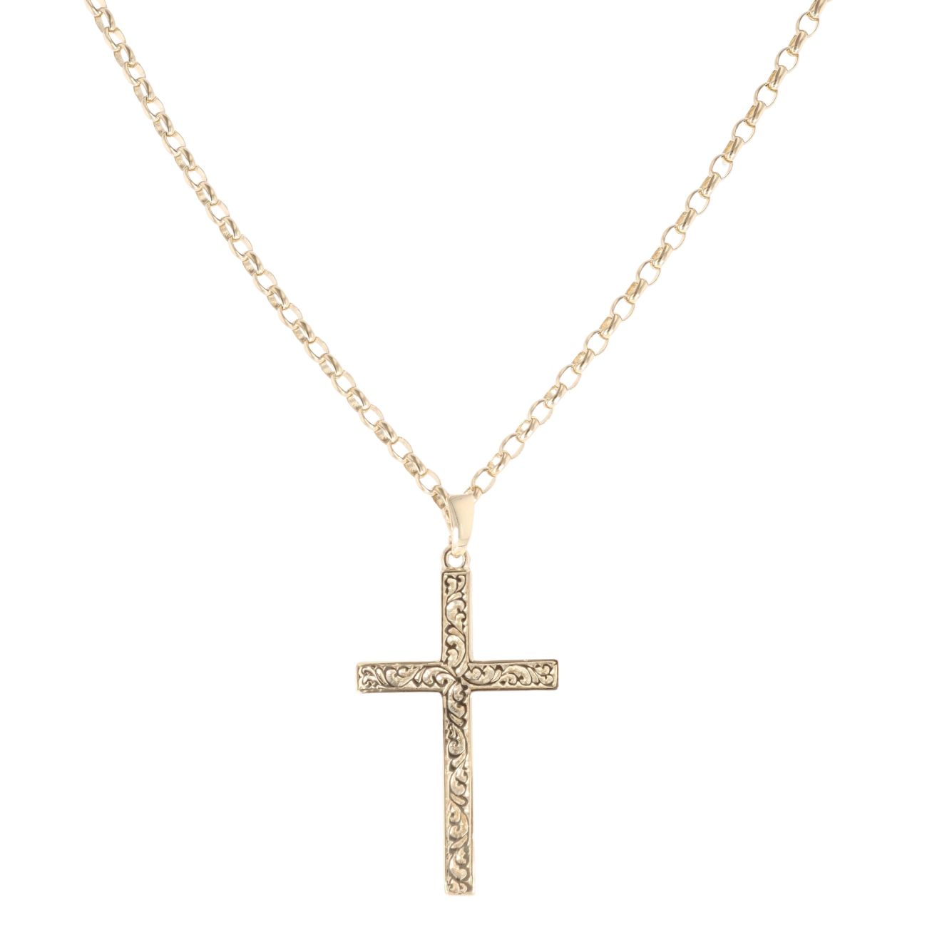9ct Yellow Gold Filigree Patterned Cross and Chain 22"