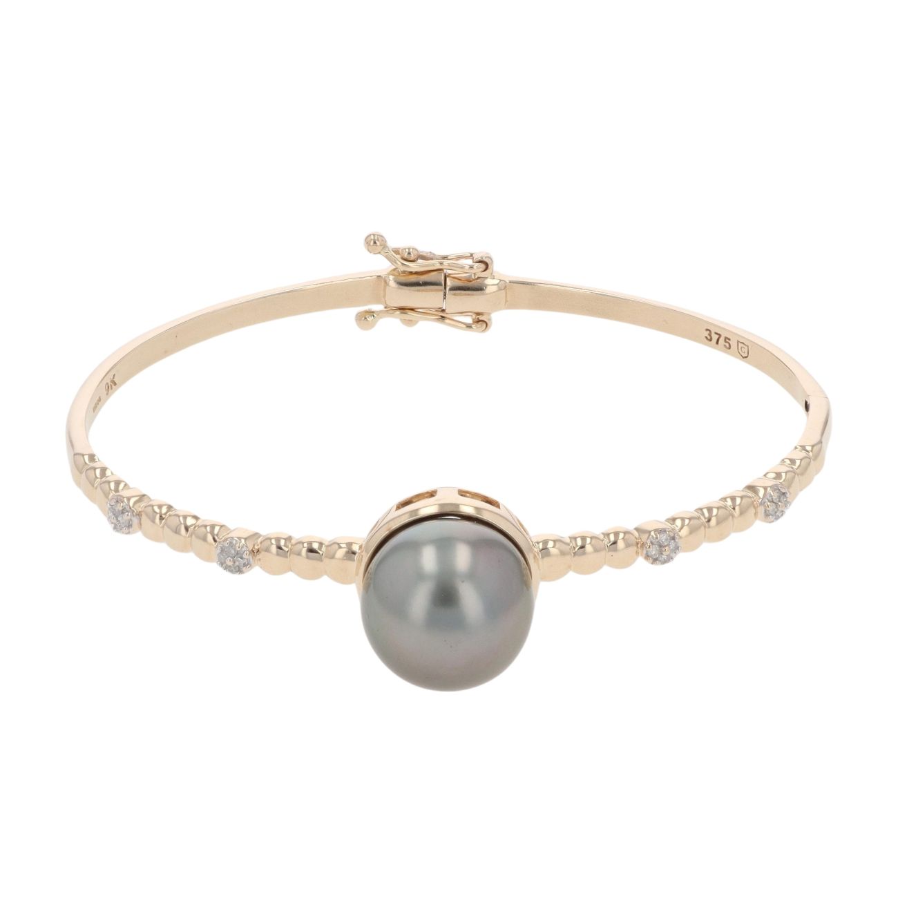 9ct Yellow Gold 0.10ct Diamond And Grey Cultured Pearl Bangle